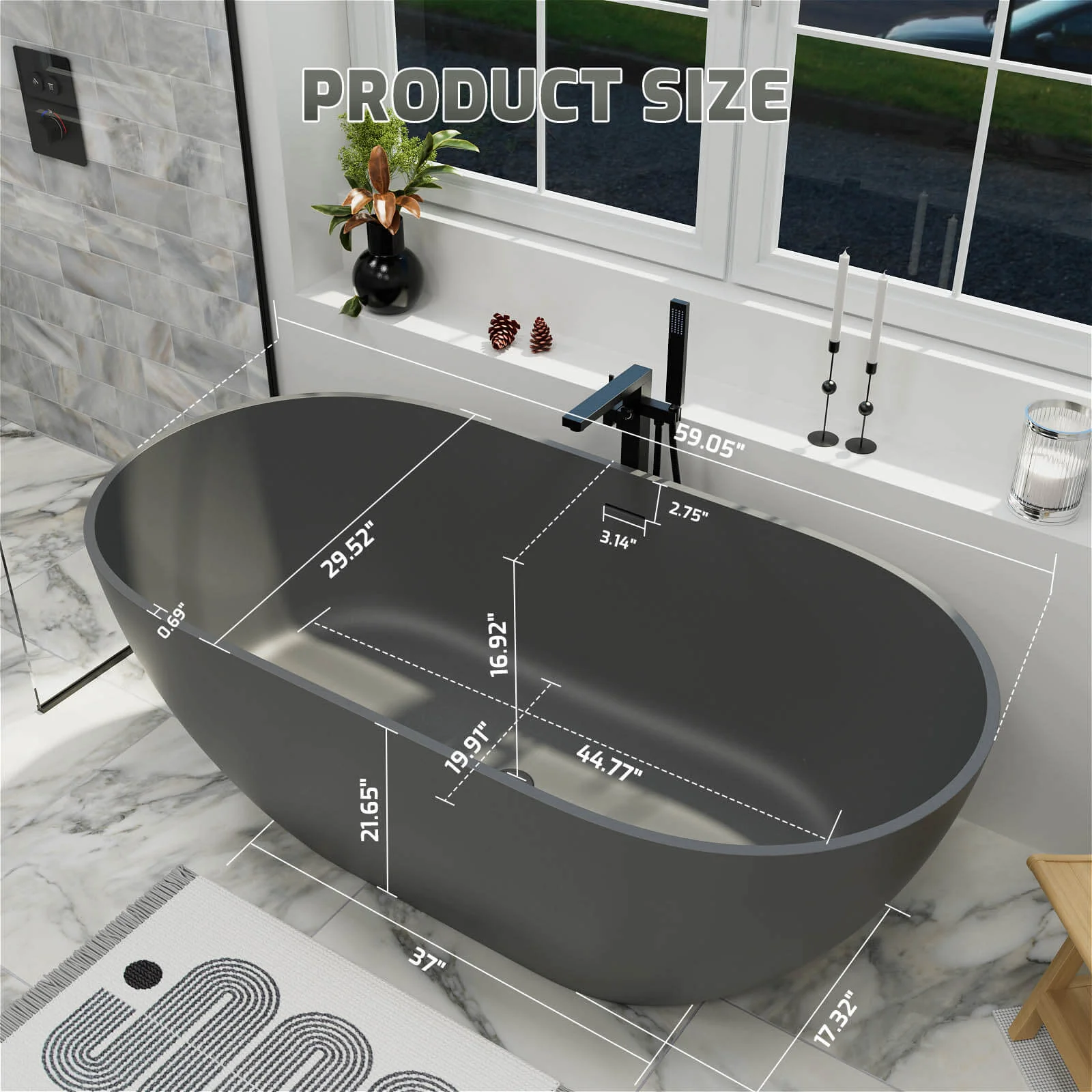 59" Modern Freestanding Bathtub, Solid Surface Stone Resin Oval Soaking Tub, Ergonomic Design - Image 23