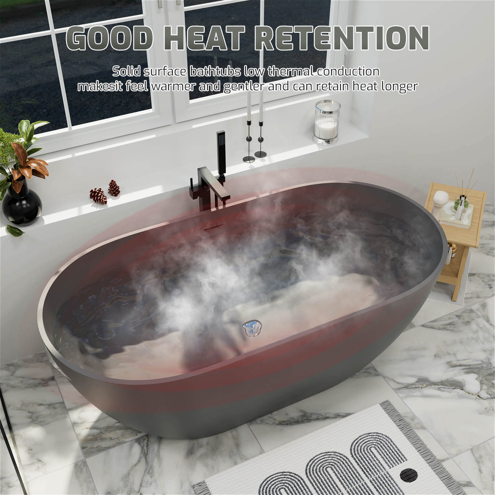 59" Modern Freestanding Bathtub, Solid Surface Stone Resin Oval Soaking Tub, Ergonomic Design - Image 24