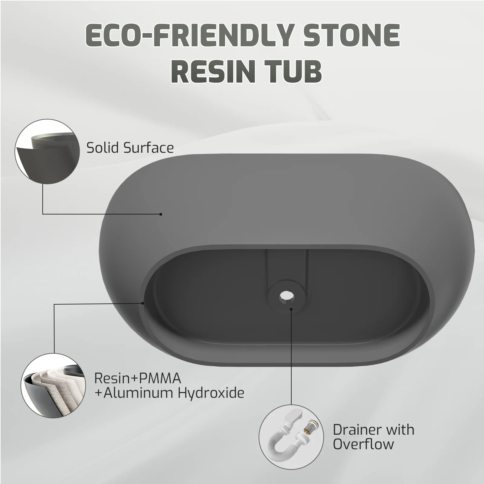 59" Modern Freestanding Bathtub, Solid Surface Stone Resin Oval Soaking Tub, Ergonomic Design - Image 25
