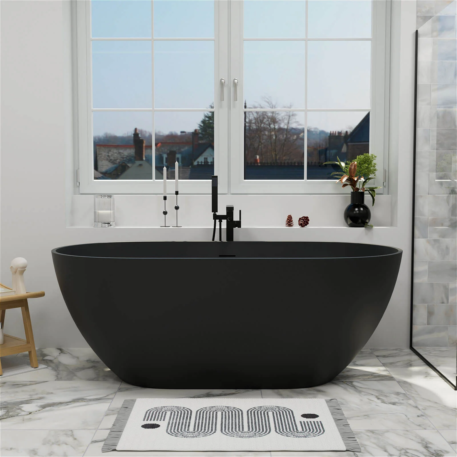 59" Modern Freestanding Bathtub, Solid Surface Stone Resin Oval Soaking Tub, Ergonomic Design - Image 26