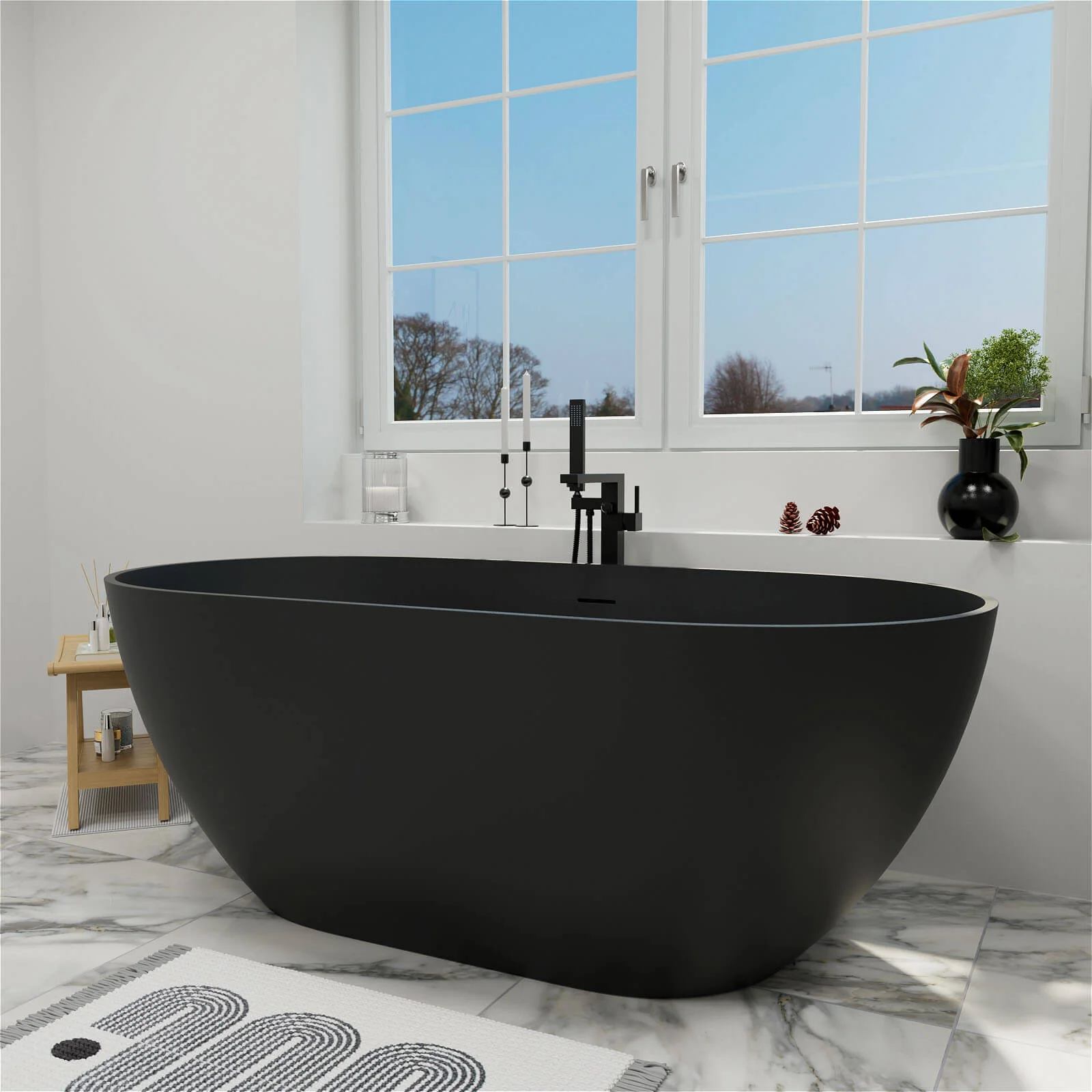 59" Modern Freestanding Bathtub, Solid Surface Stone Resin Oval Soaking Tub, Ergonomic Design - Image 27