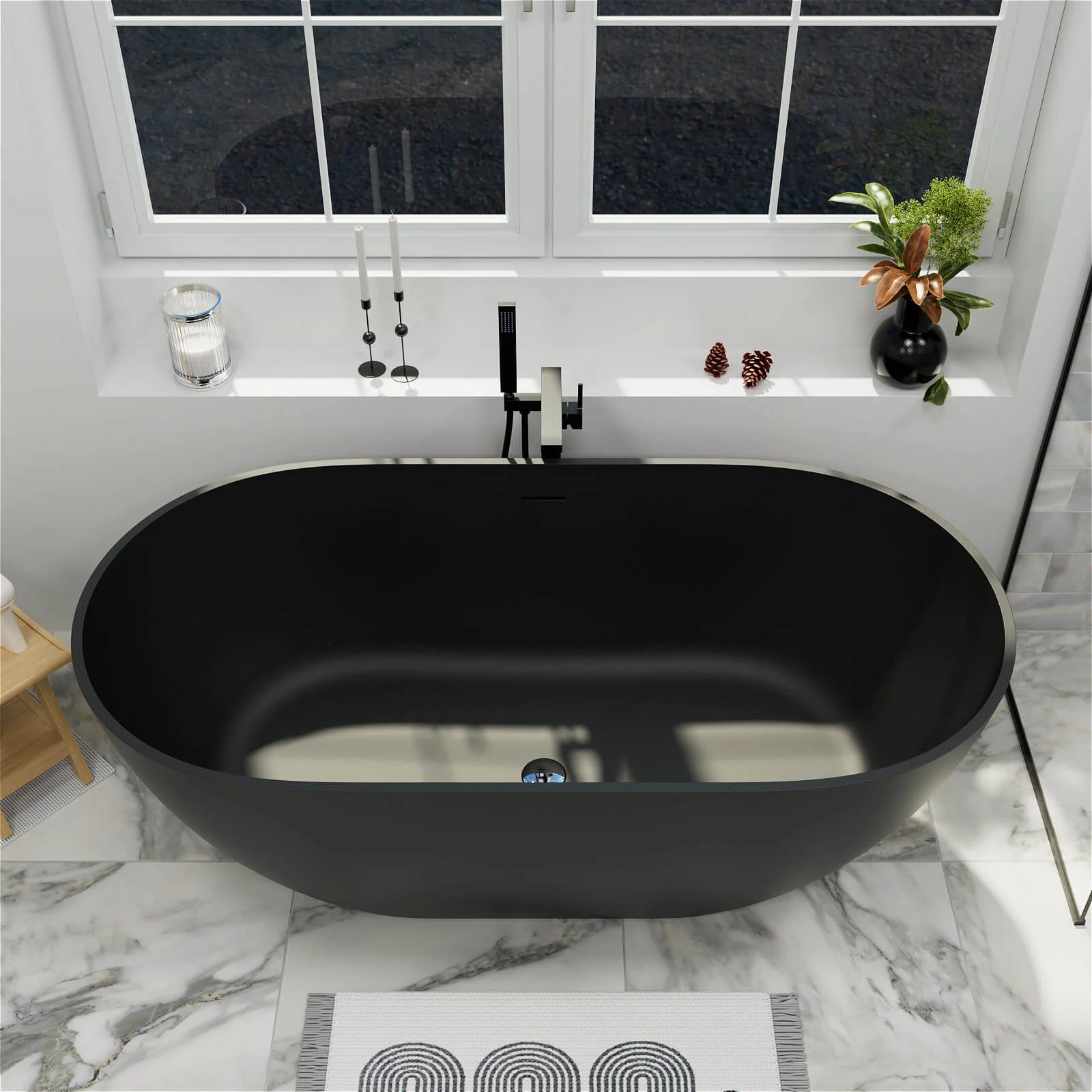 59" Modern Freestanding Bathtub, Solid Surface Stone Resin Oval Soaking Tub, Ergonomic Design - Image 28
