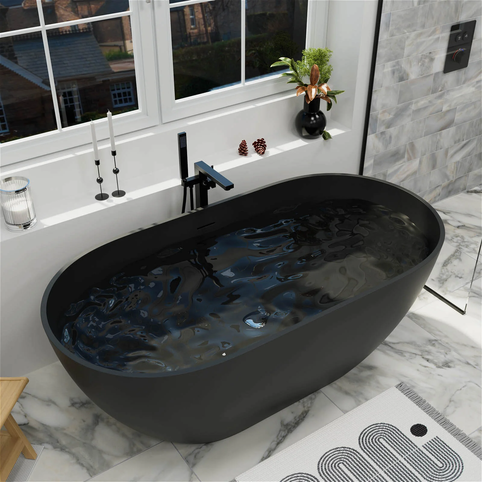 59" Modern Freestanding Bathtub, Solid Surface Stone Resin Oval Soaking Tub, Ergonomic Design - Image 29