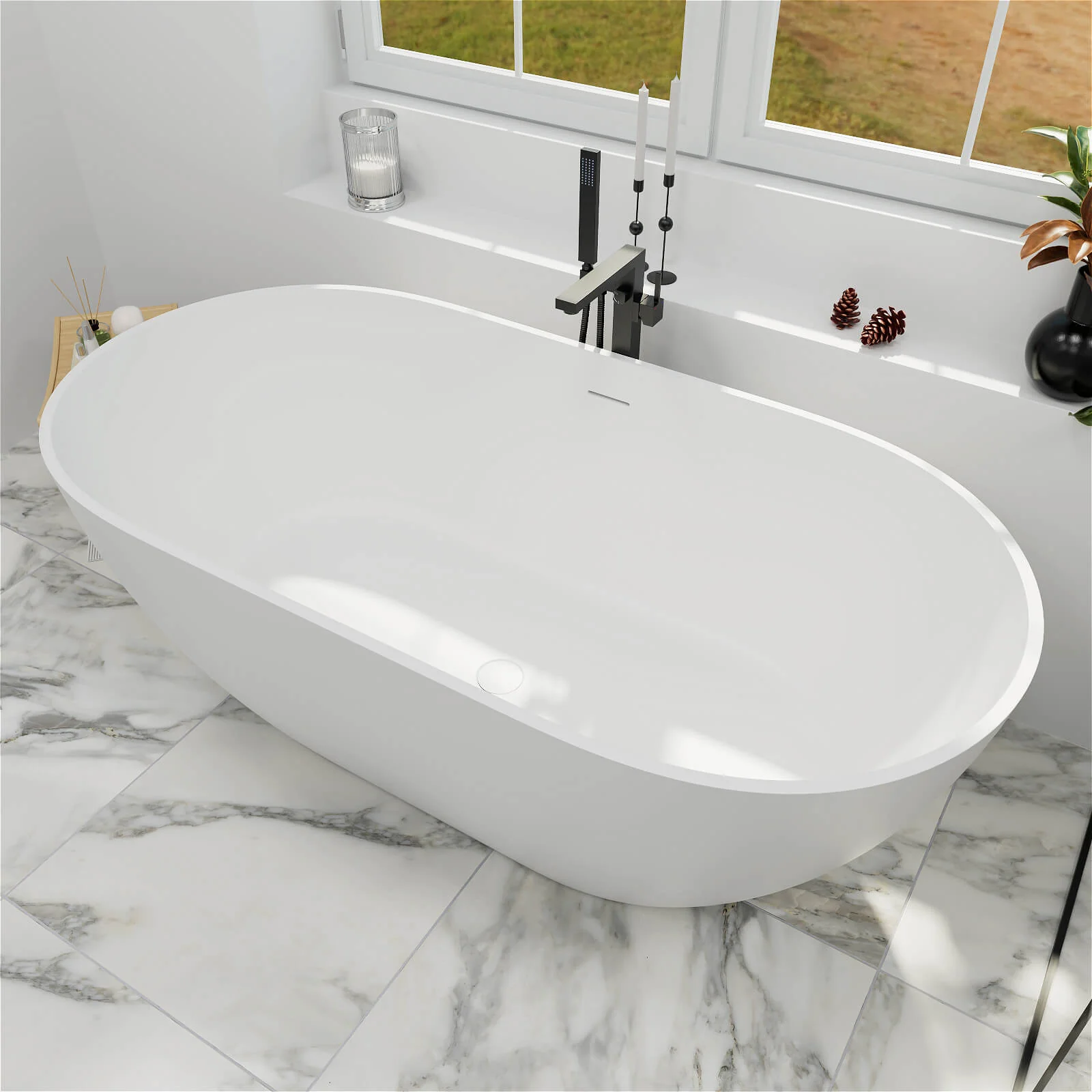 59" Modern Freestanding Bathtub, Solid Surface Stone Resin Oval Soaking Tub, Ergonomic Design - Image 3