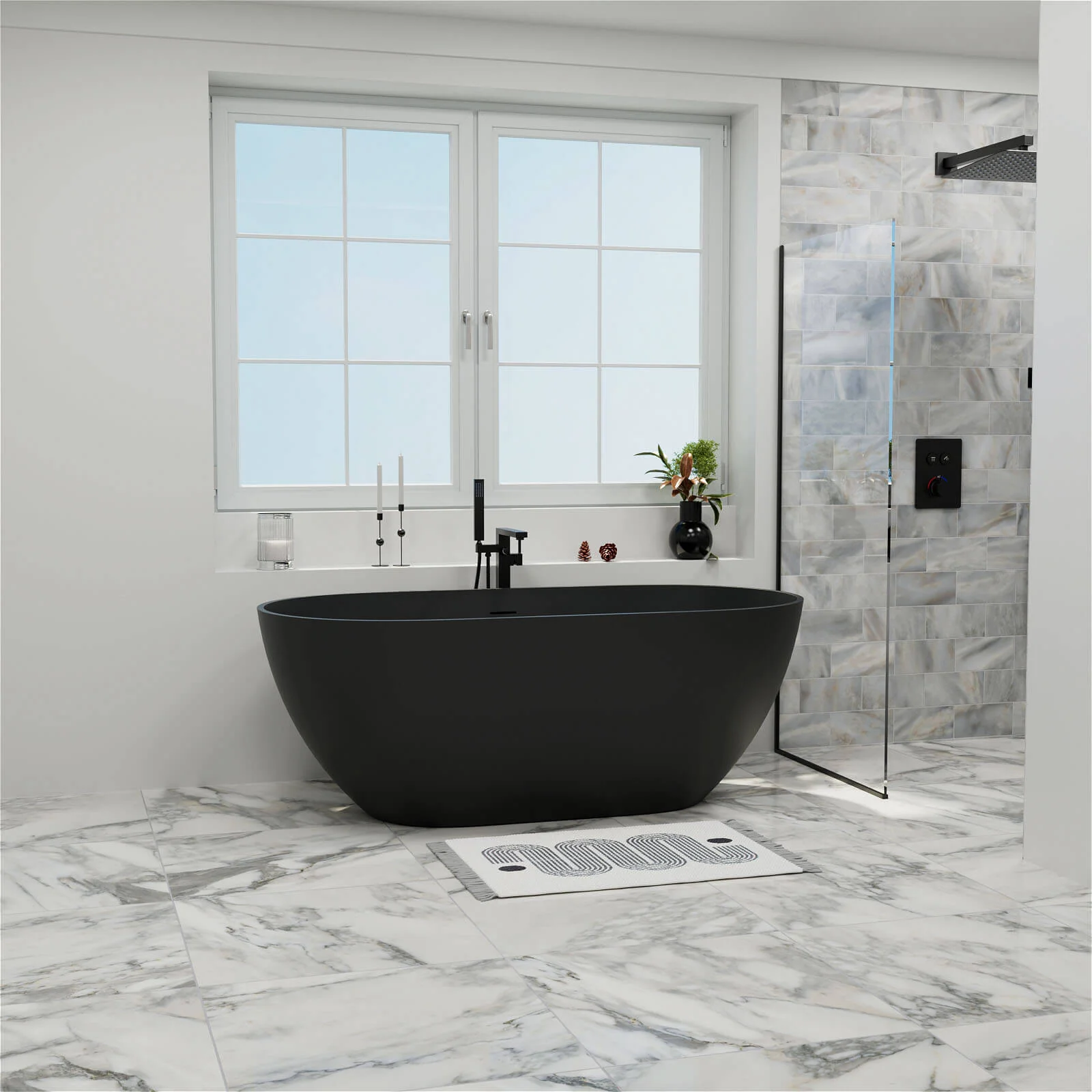 59" Modern Freestanding Bathtub, Solid Surface Stone Resin Oval Soaking Tub, Ergonomic Design - Image 30