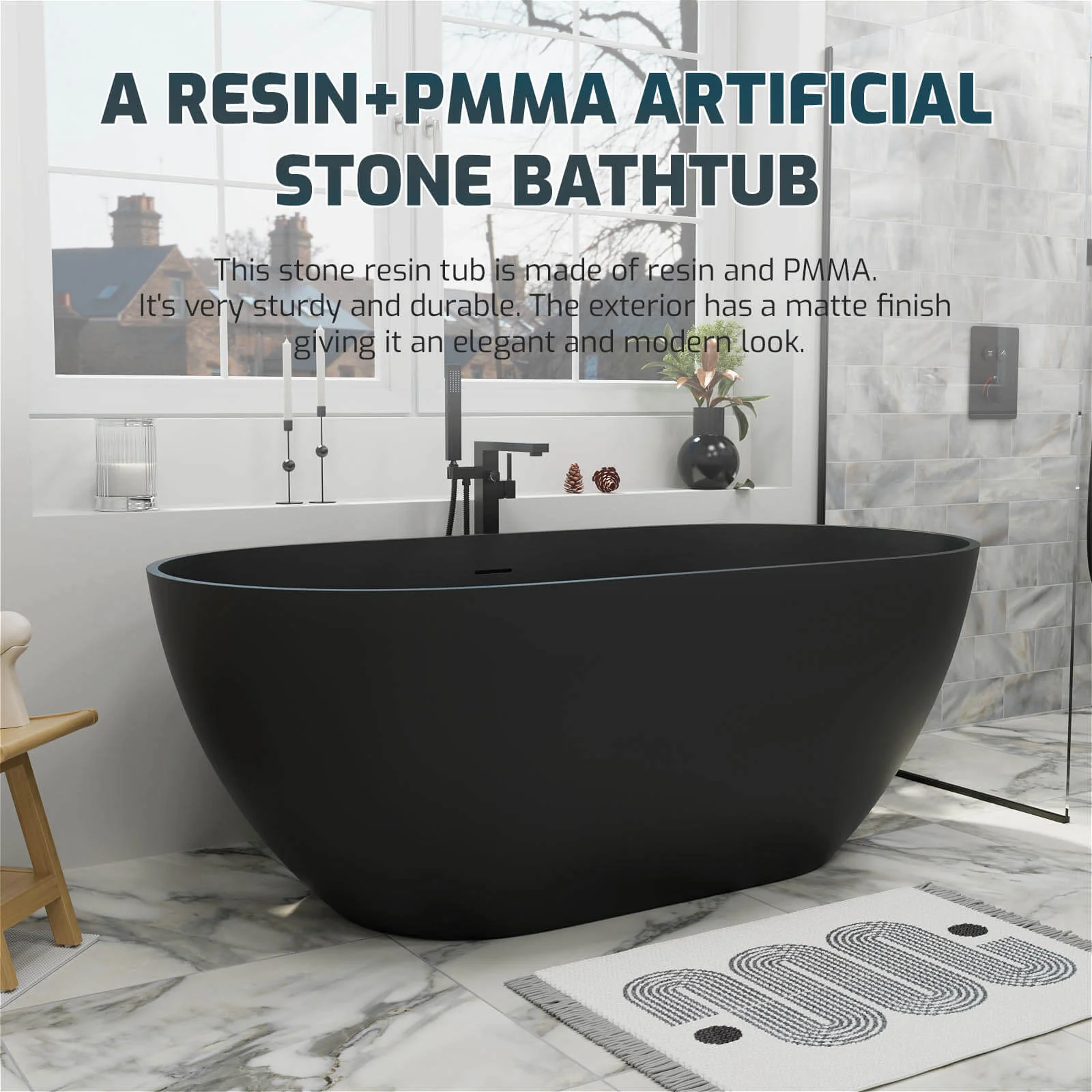 59" Modern Freestanding Bathtub, Solid Surface Stone Resin Oval Soaking Tub, Ergonomic Design - Image 31