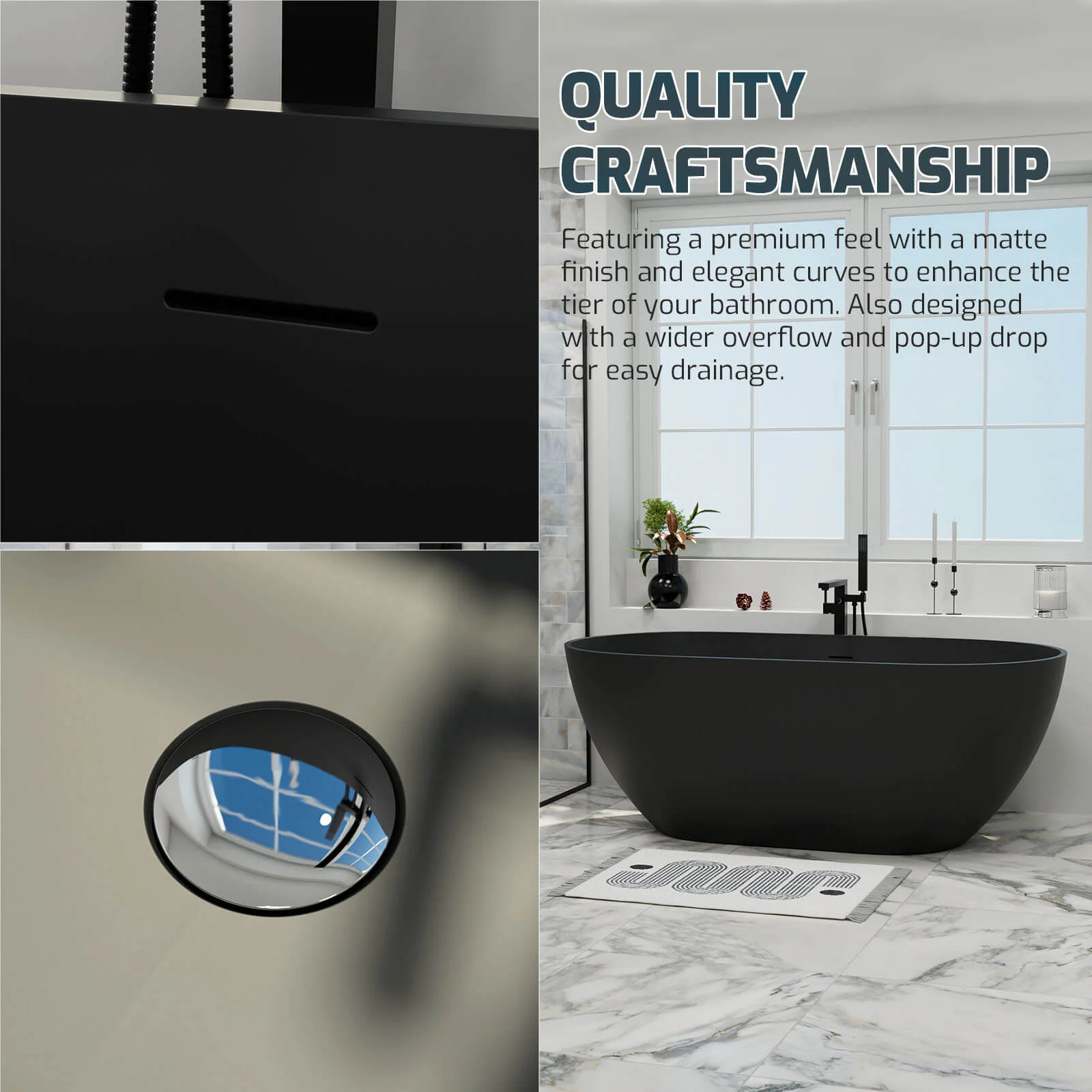 59" Modern Freestanding Bathtub, Solid Surface Stone Resin Oval Soaking Tub, Ergonomic Design - Image 32