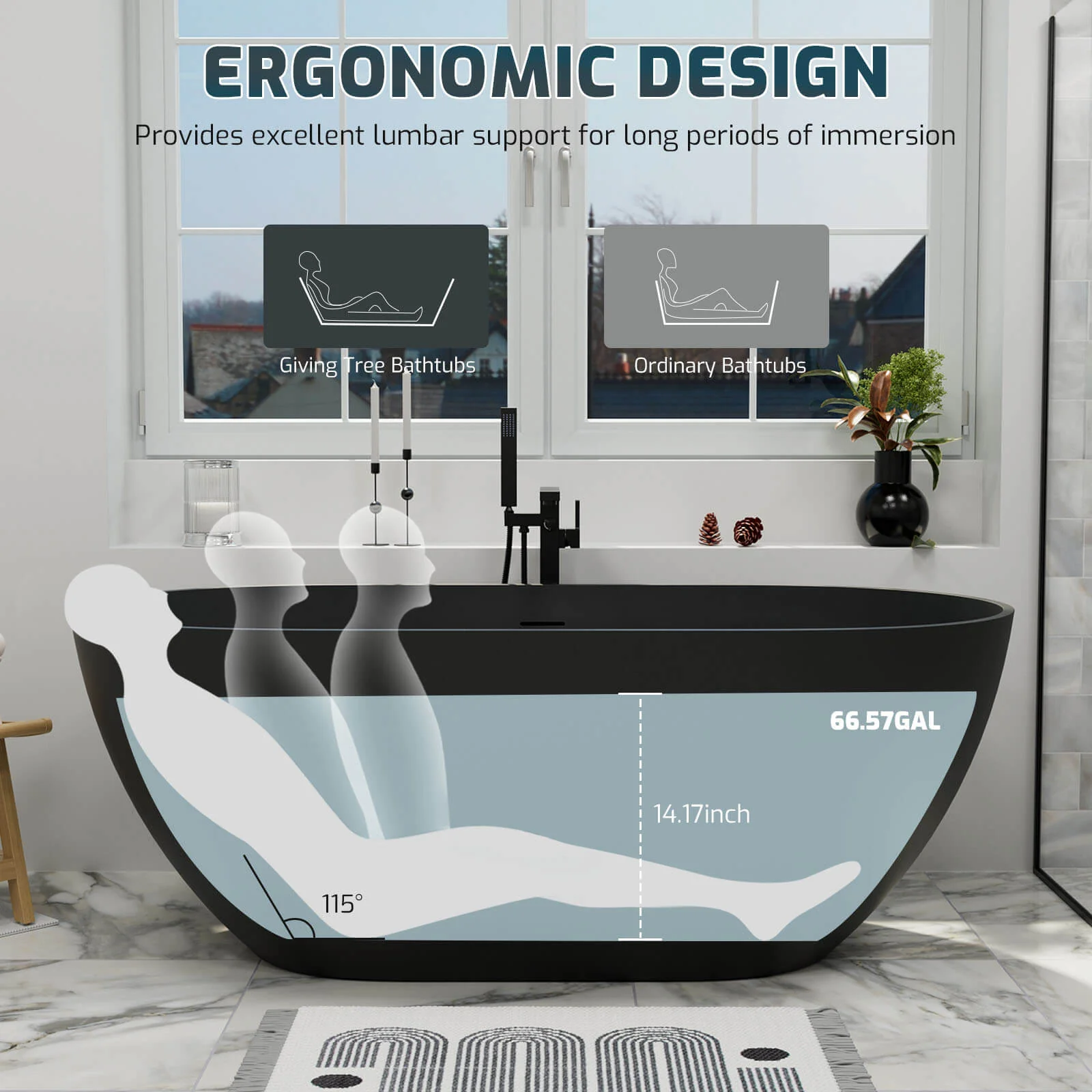 59" Modern Freestanding Bathtub, Solid Surface Stone Resin Oval Soaking Tub, Ergonomic Design - Image 33