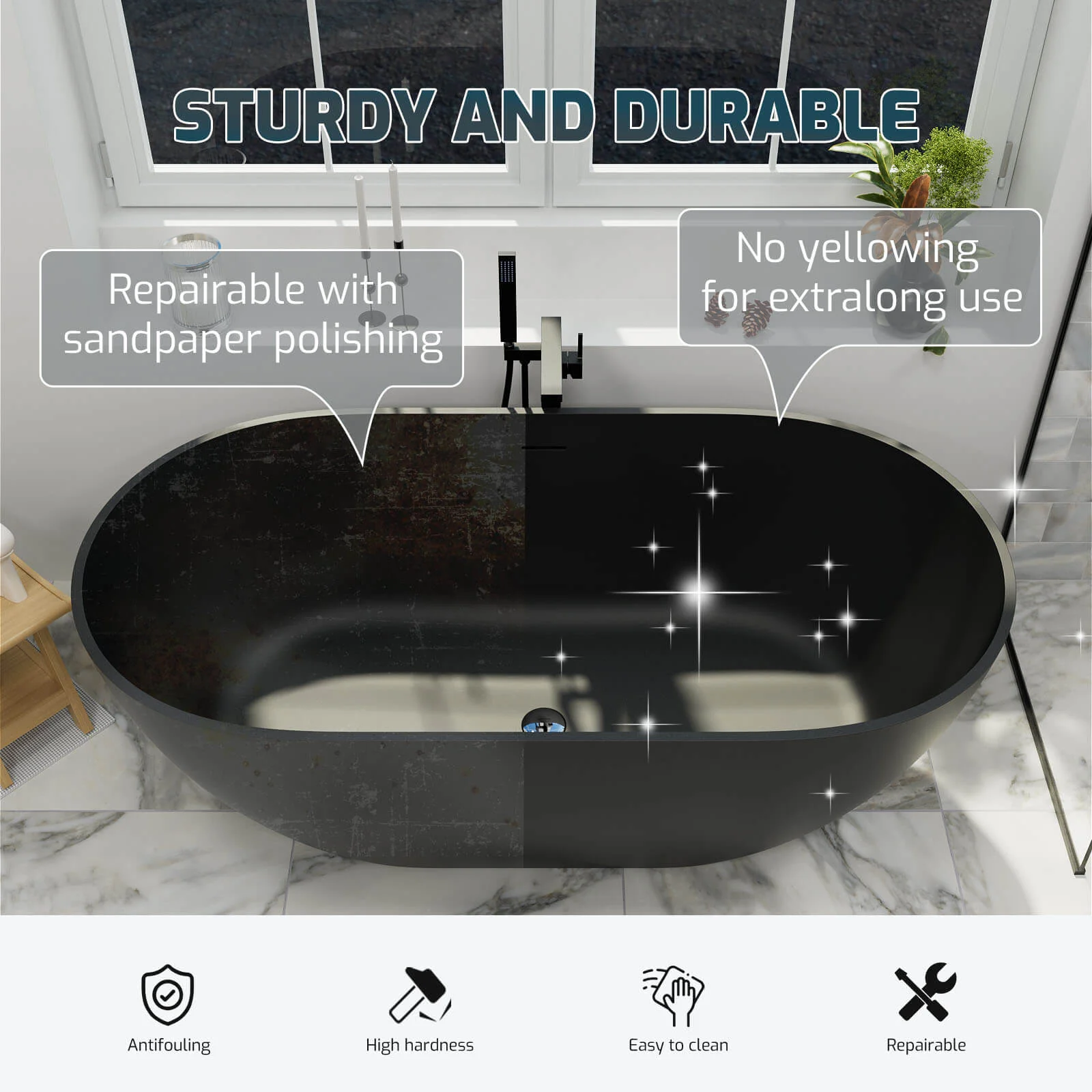 59" Modern Freestanding Bathtub, Solid Surface Stone Resin Oval Soaking Tub, Ergonomic Design - Image 34