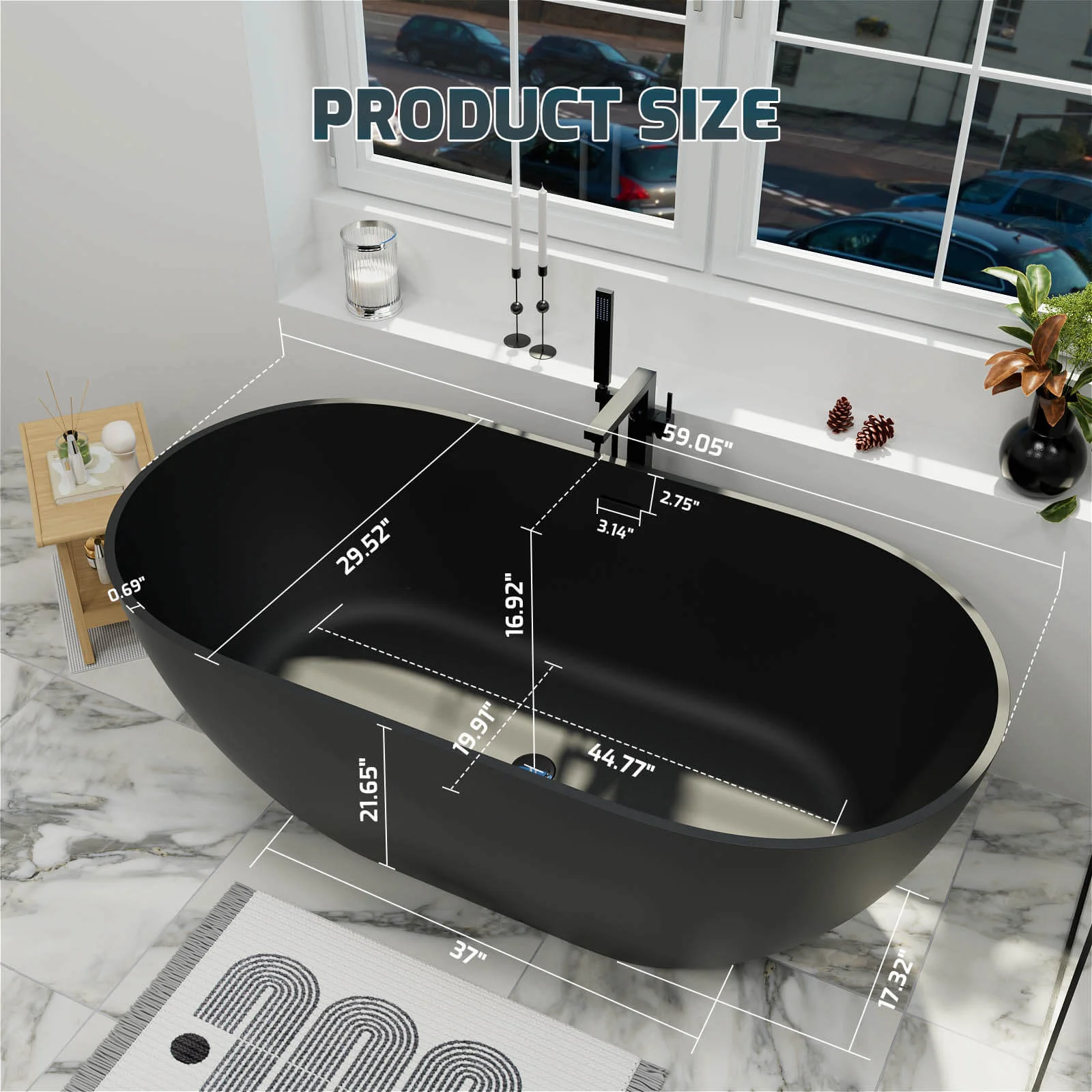 59" Modern Freestanding Bathtub, Solid Surface Stone Resin Oval Soaking Tub, Ergonomic Design - Image 35