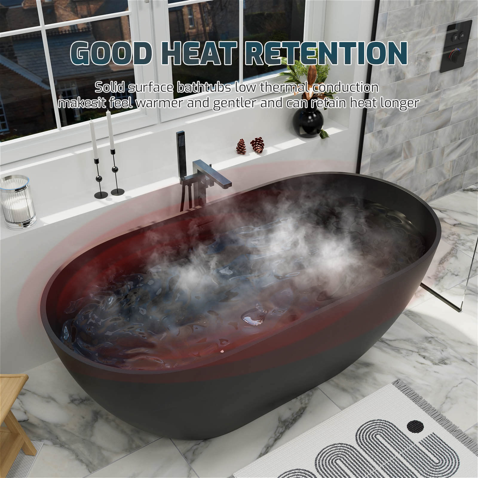 59" Modern Freestanding Bathtub, Solid Surface Stone Resin Oval Soaking Tub, Ergonomic Design - Image 36