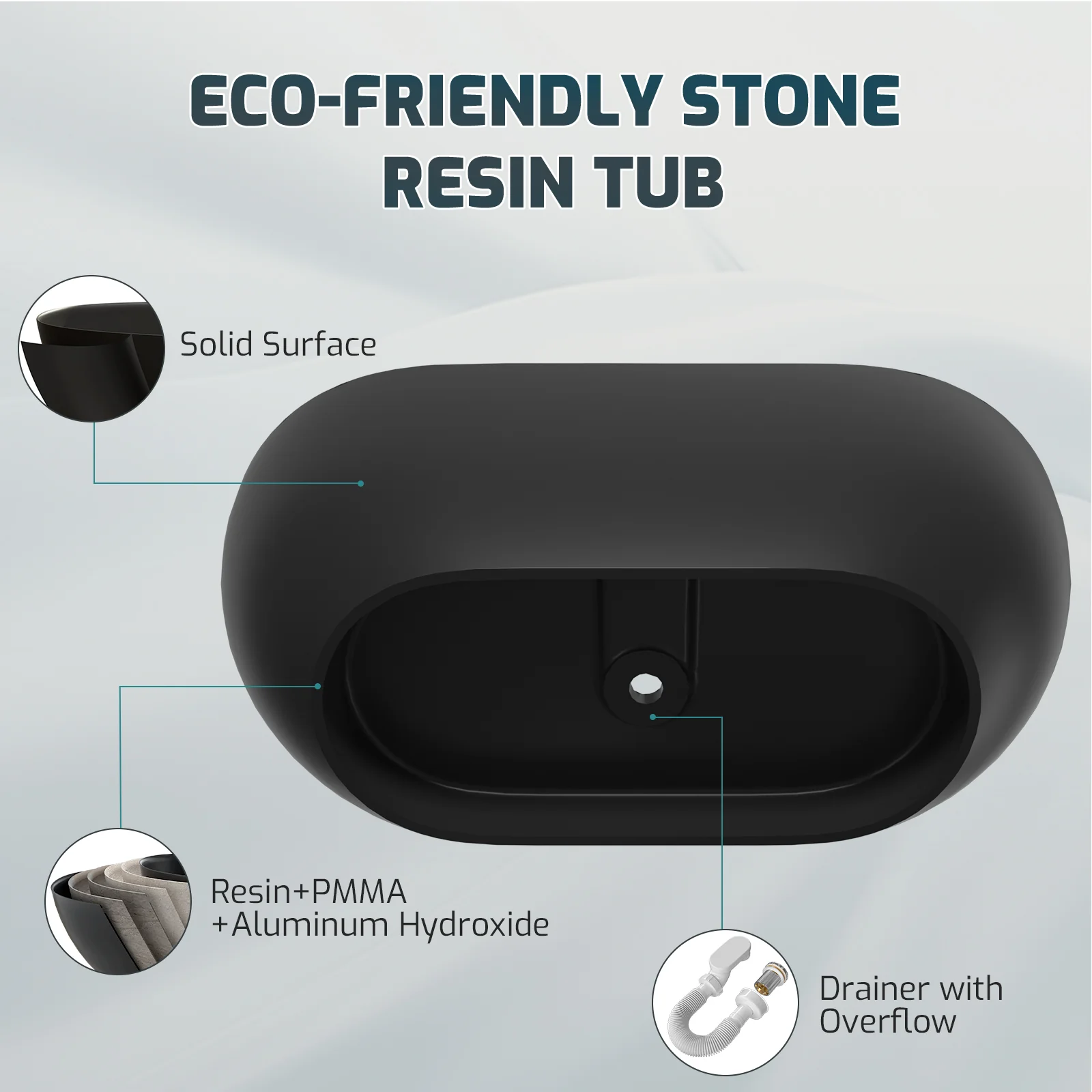 59" Modern Freestanding Bathtub, Solid Surface Stone Resin Oval Soaking Tub, Ergonomic Design - Image 37