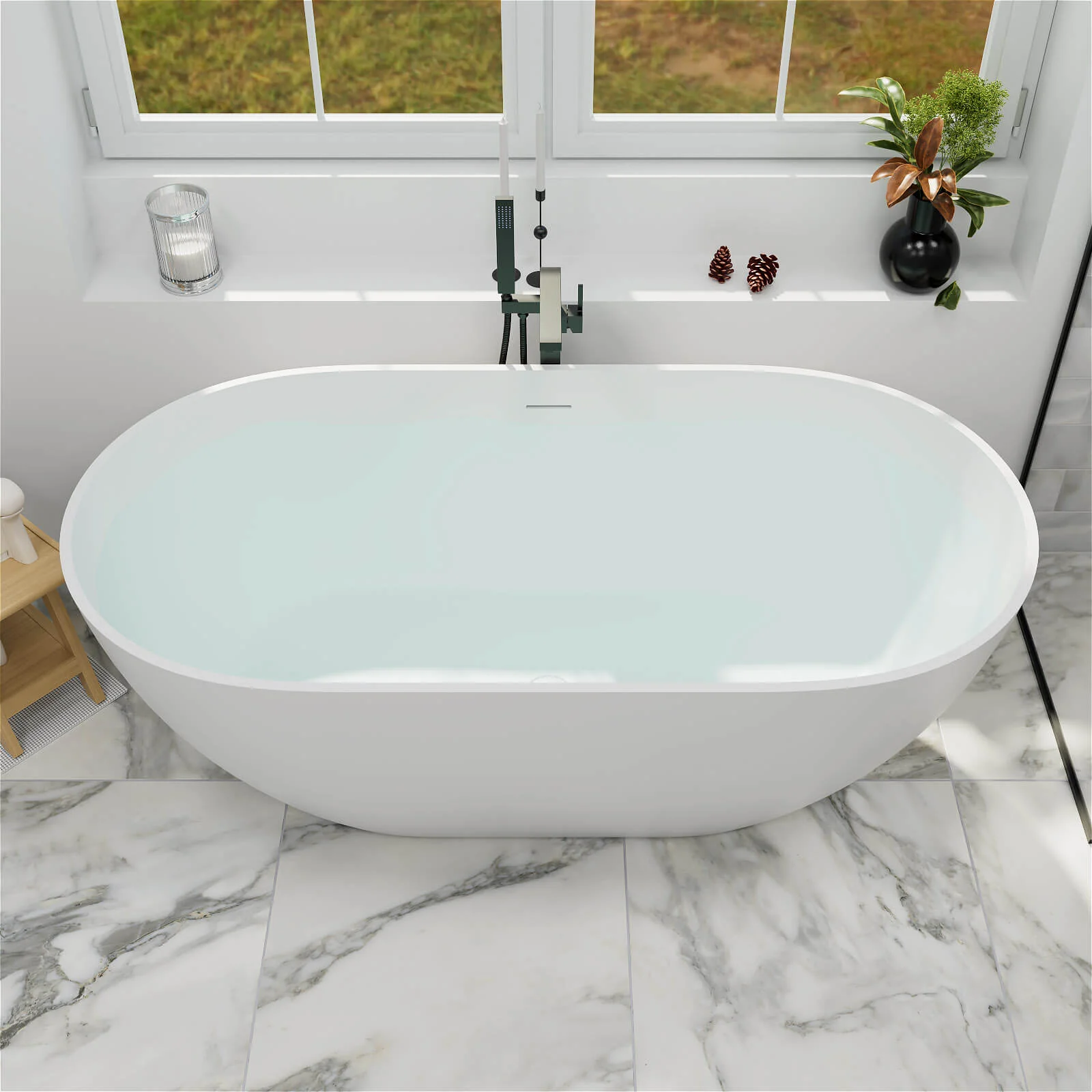 59" Modern Freestanding Bathtub, Solid Surface Stone Resin Oval Soaking Tub, Ergonomic Design - Image 4