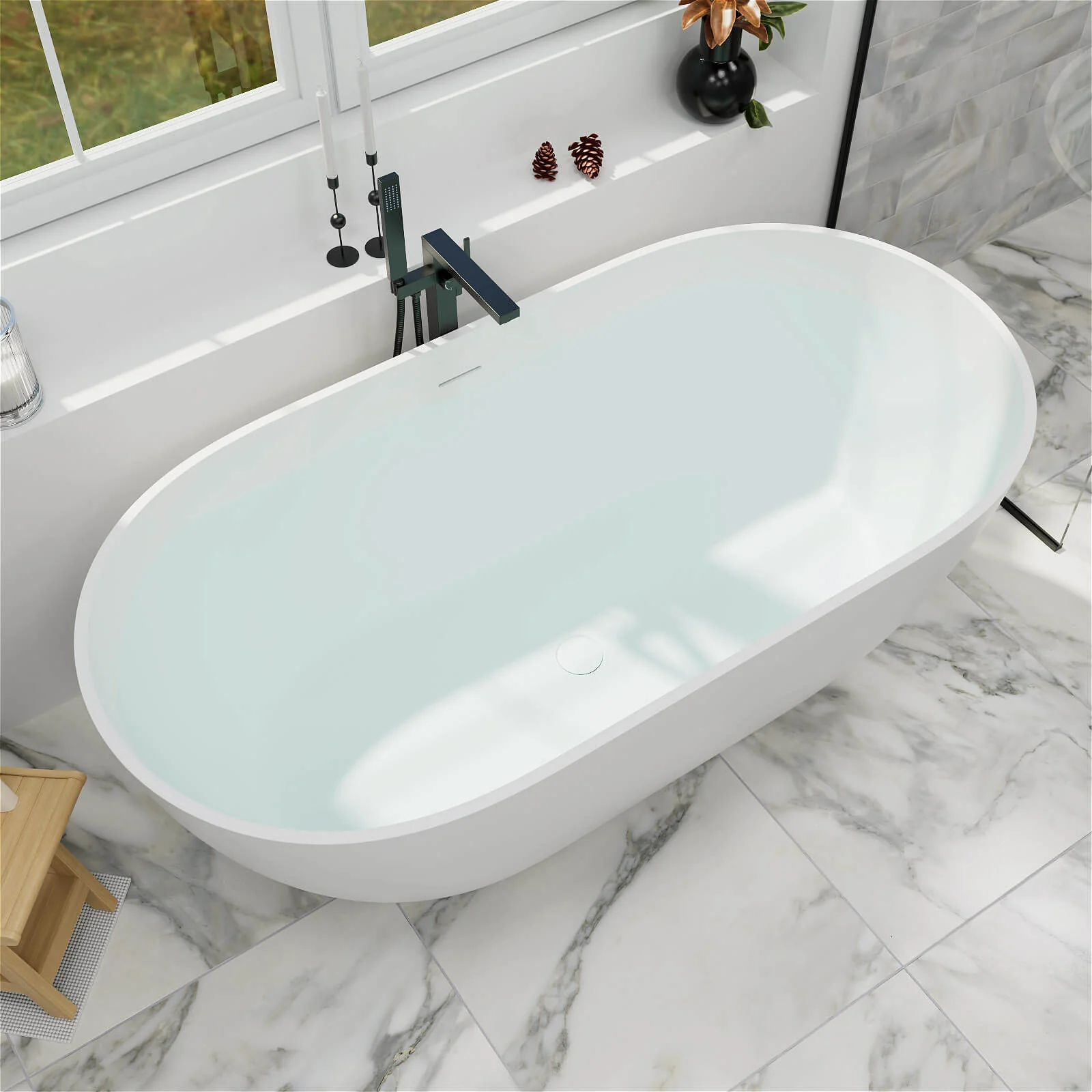 59" Modern Freestanding Bathtub, Solid Surface Stone Resin Oval Soaking Tub, Ergonomic Design - Image 5