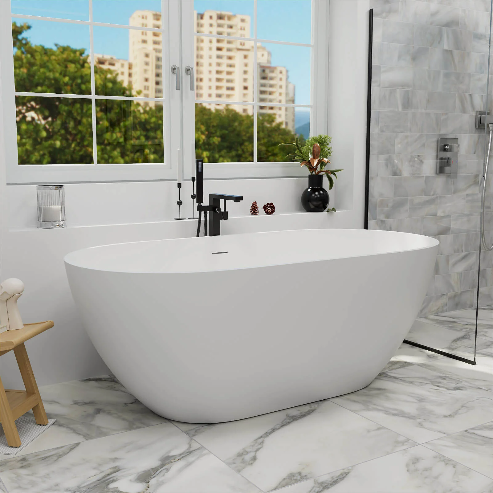 59" Modern Freestanding Bathtub, Solid Surface Stone Resin Oval Soaking Tub, Ergonomic Design - Image 6