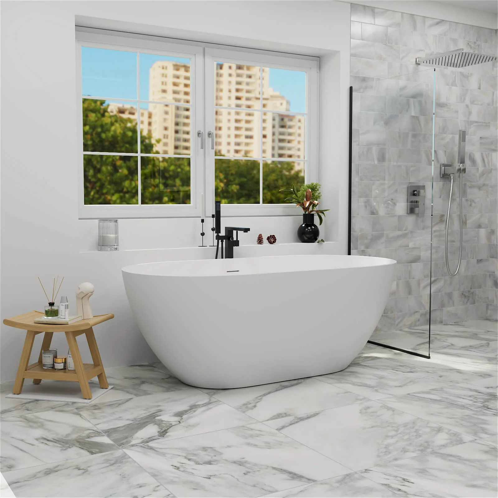 59" Modern Freestanding Bathtub, Solid Surface Stone Resin Oval Soaking Tub, Ergonomic Design - Image 7
