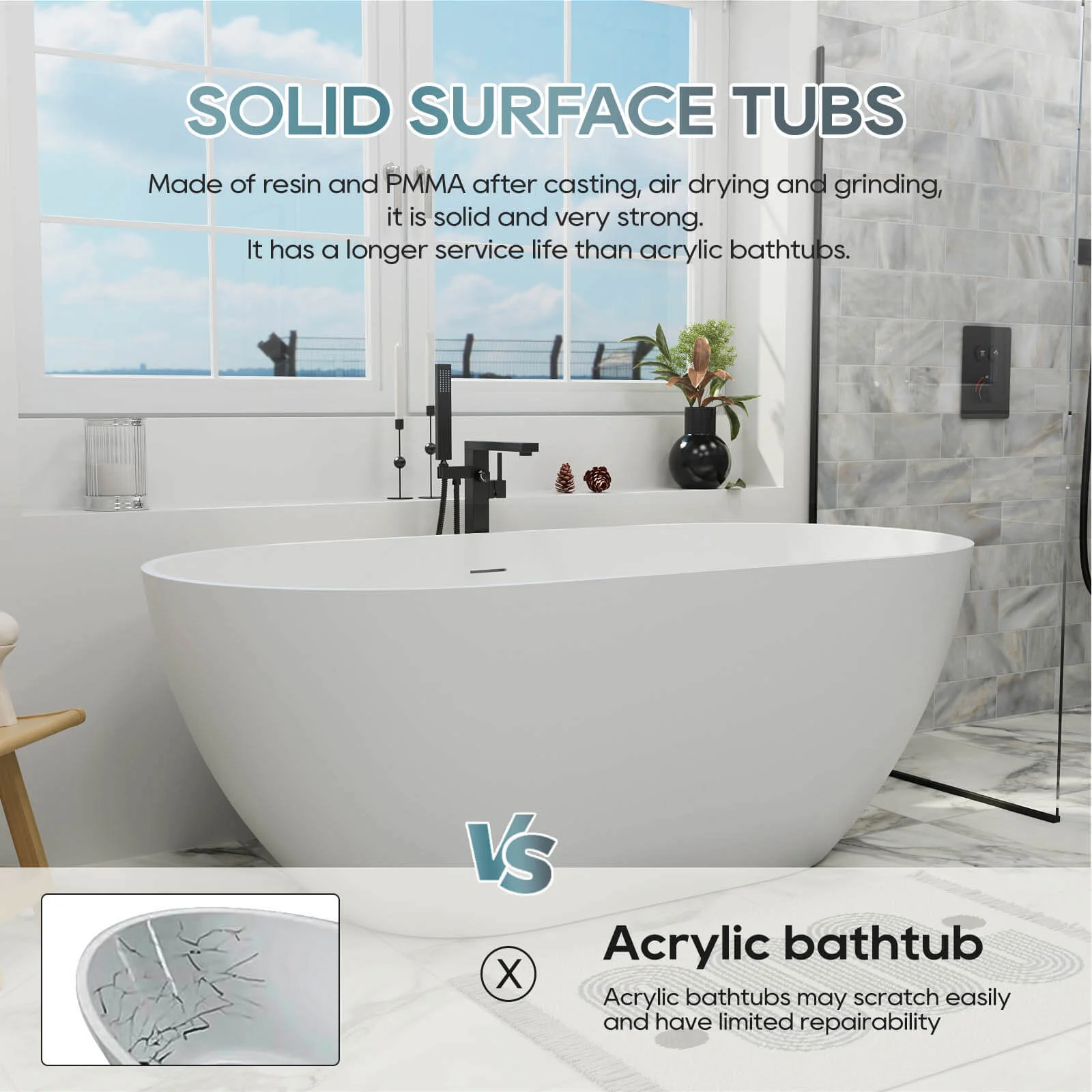 59" Modern Freestanding Bathtub, Solid Surface Stone Resin Oval Soaking Tub, Ergonomic Design - Image 8