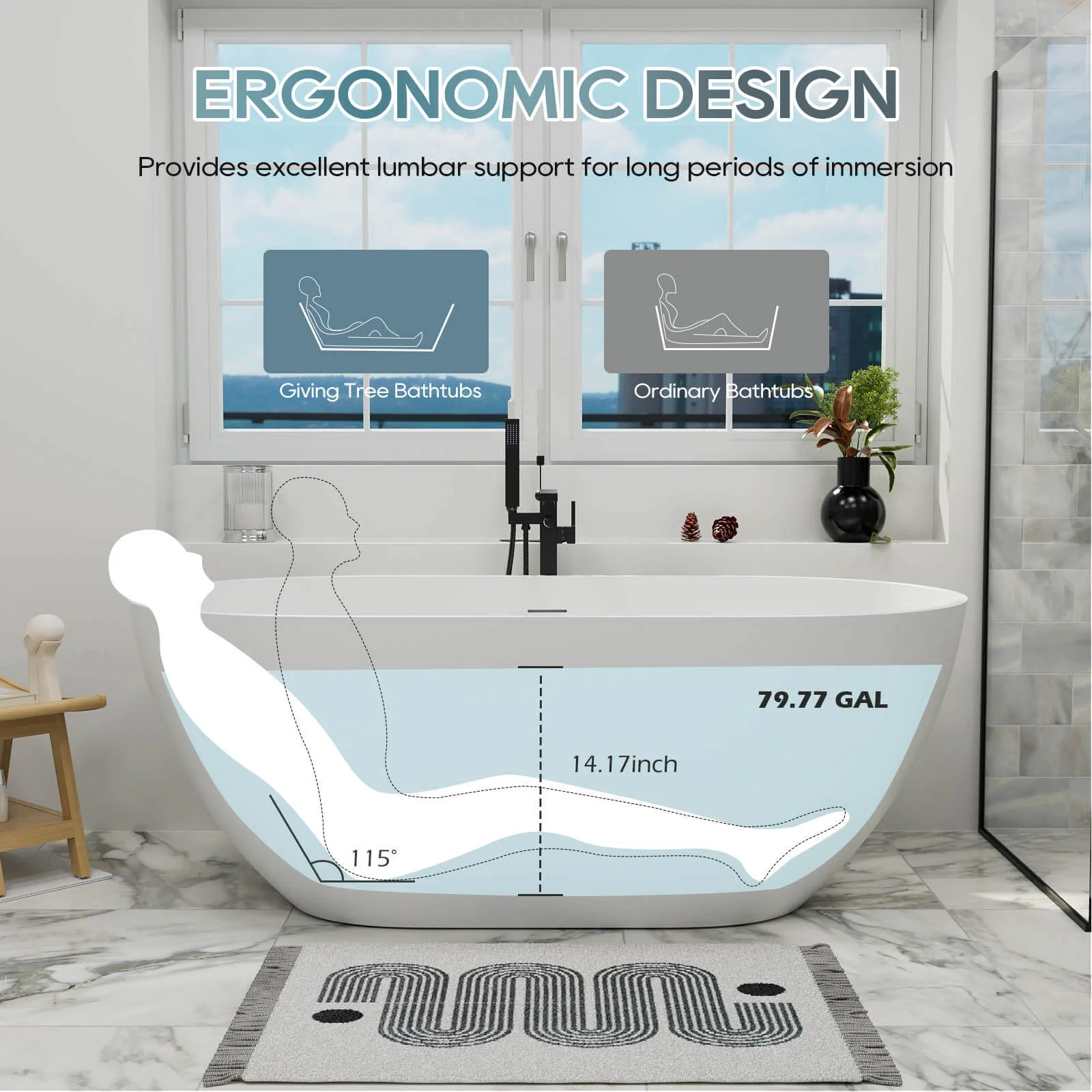 59" Modern Freestanding Bathtub, Solid Surface Stone Resin Oval Soaking Tub, Ergonomic Design - Image 9