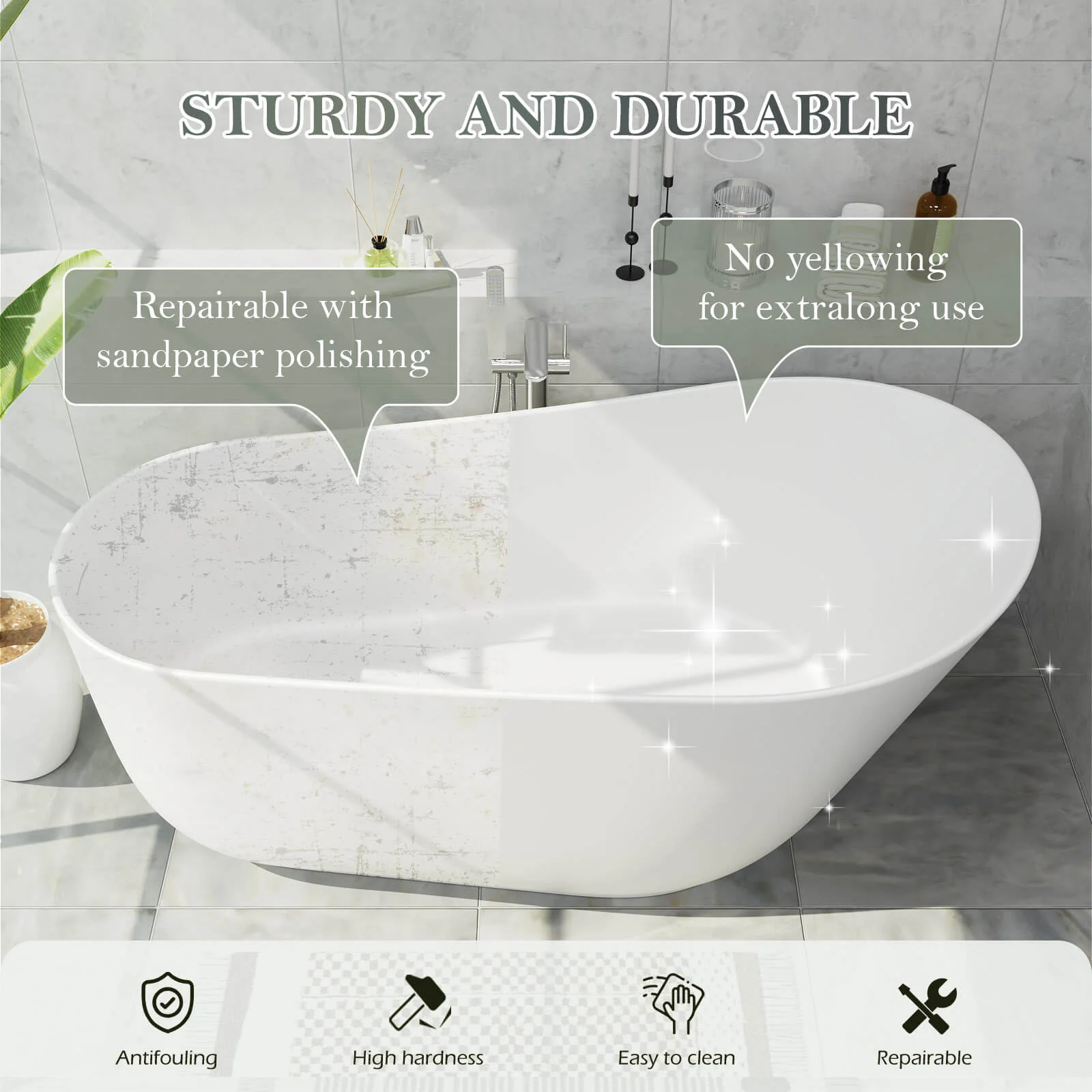 59" Single Slipper Tub Solid Surface Stone Resin Freestanding Soaking Bathtub with Pop-up Drain and Overflow - Image 10