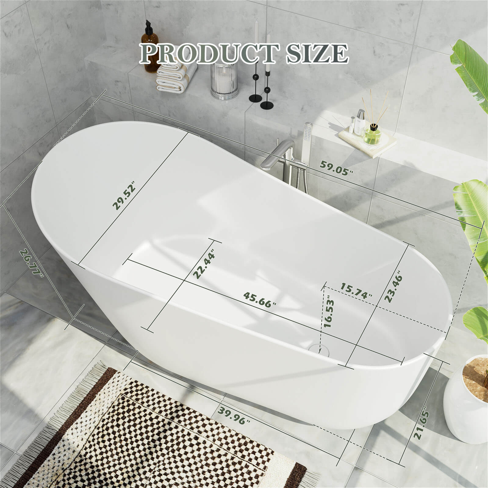 59" Single Slipper Tub Solid Surface Stone Resin Freestanding Soaking Bathtub with Pop-up Drain and Overflow - Image 11