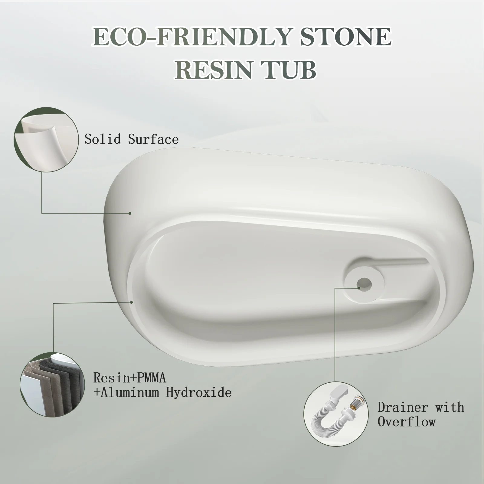 59" Single Slipper Tub Solid Surface Stone Resin Freestanding Soaking Bathtub with Pop-up Drain and Overflow - Image 12