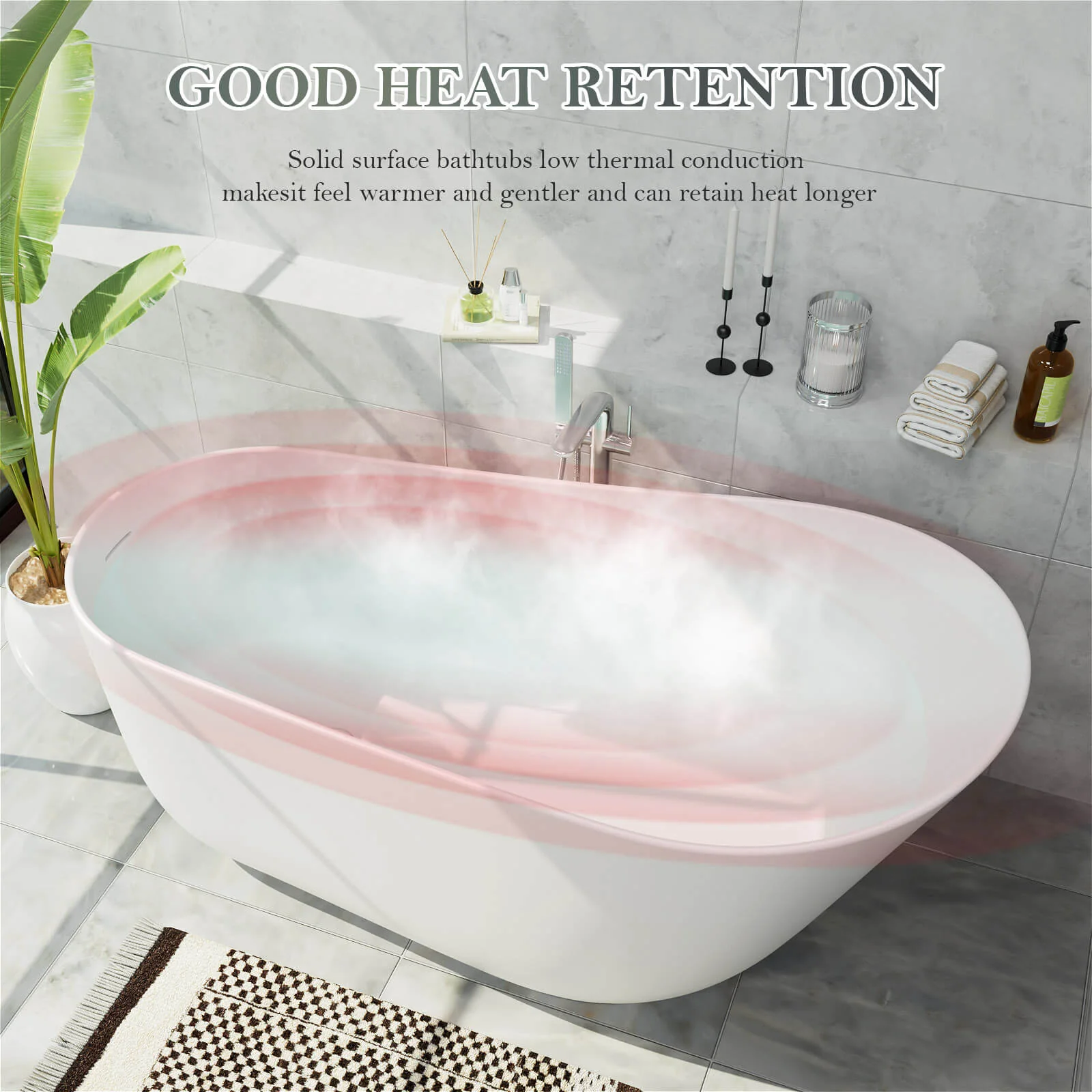 59" Single Slipper Tub Solid Surface Stone Resin Freestanding Soaking Bathtub with Pop-up Drain and Overflow - Image 13