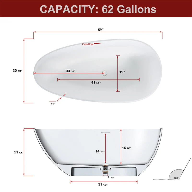 59" Solid Surface Stone Resin Oval-shaped Matte White Freestanding Soaking Bathtub with Overflow - Image 17