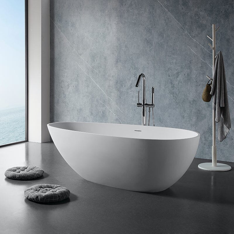59" Solid Surface Stone Resin Oval-shaped Matte White Freestanding Soaking Bathtub with Overflow - Image 3