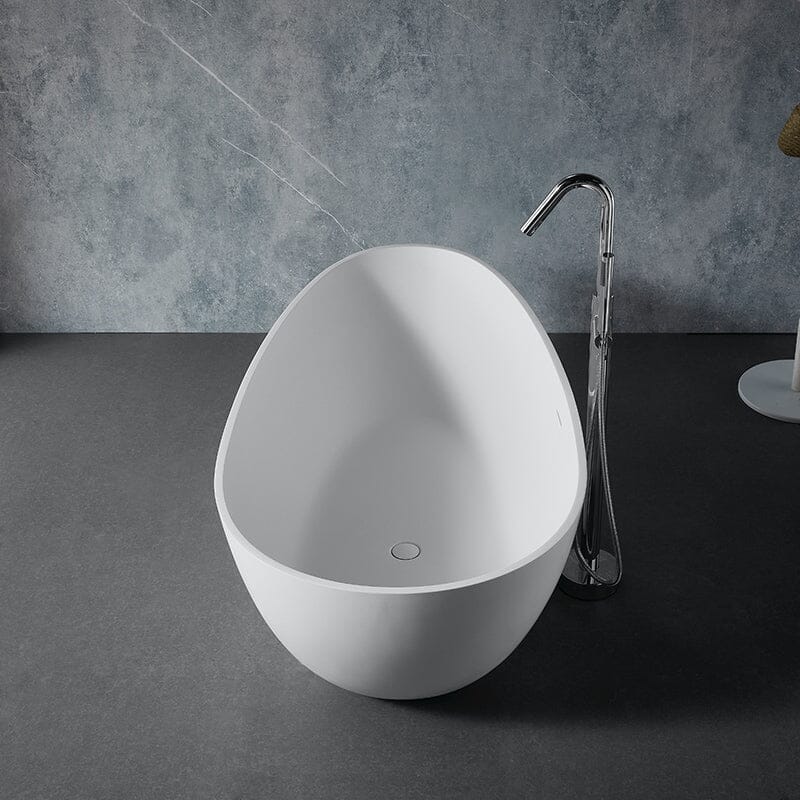 59" Solid Surface Stone Resin Oval-shaped Matte White Freestanding Soaking Bathtub with Overflow - Image 4