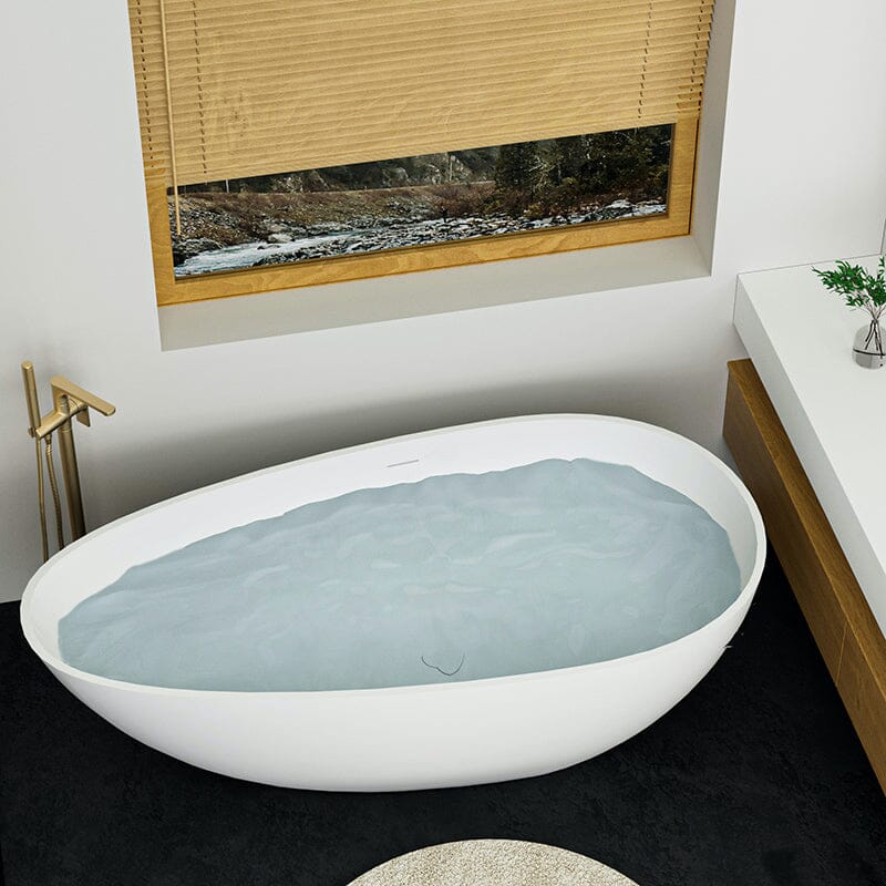 59" Solid Surface Stone Resin Oval-shaped Matte White Freestanding Soaking Bathtub with Overflow - Image 5