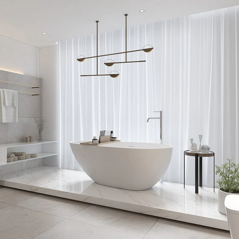 59" Solid Surface Stone Resin Oval-shaped Matte White Freestanding Soaking Bathtub with Overflow - Image 6