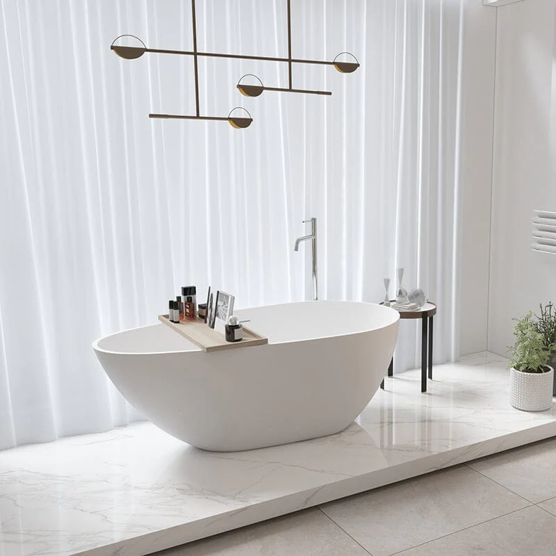 59" Solid Surface Stone Resin Oval-shaped Matte White Freestanding Soaking Bathtub with Overflow - Image 8