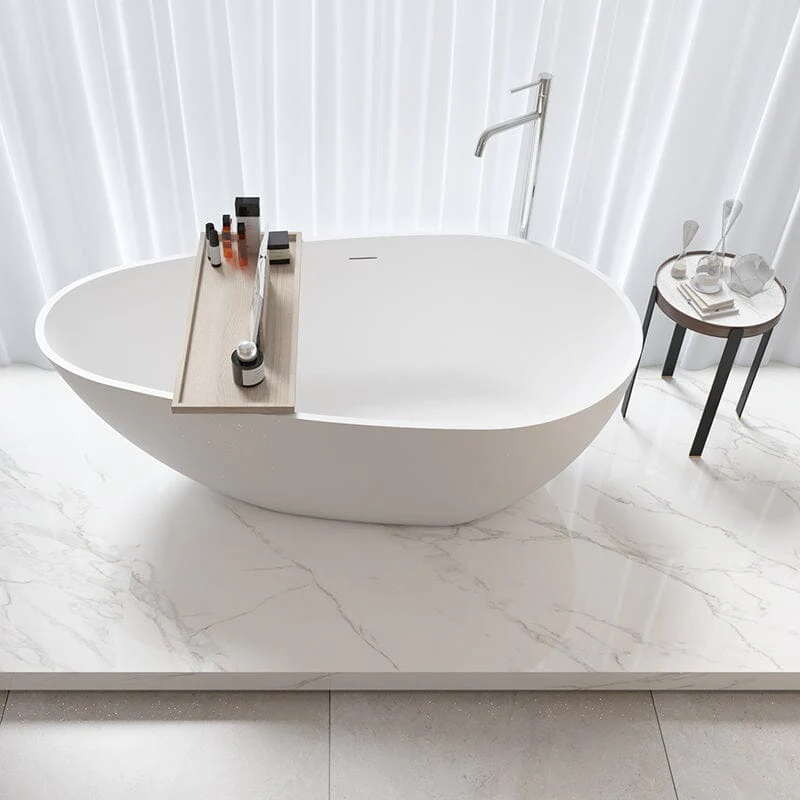 59" Solid Surface Stone Resin Oval-shaped Matte White Freestanding Soaking Bathtub with Overflow - Image 9