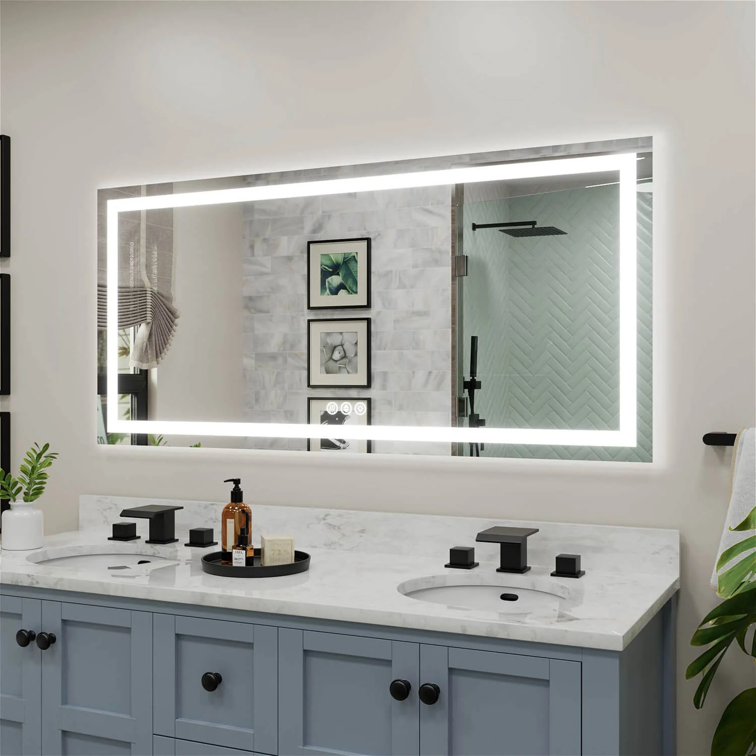 60 in. W x 28 in. H LED Light Bathroom Vanity Mirror Large Rectangular Frameless Anti Fog - Image 2