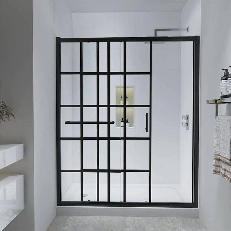60 in. W x 72 in. H Explosion-proof Glass Sliding Framed Grid Shower Door with Towel Bar and Door Handle - Image 3