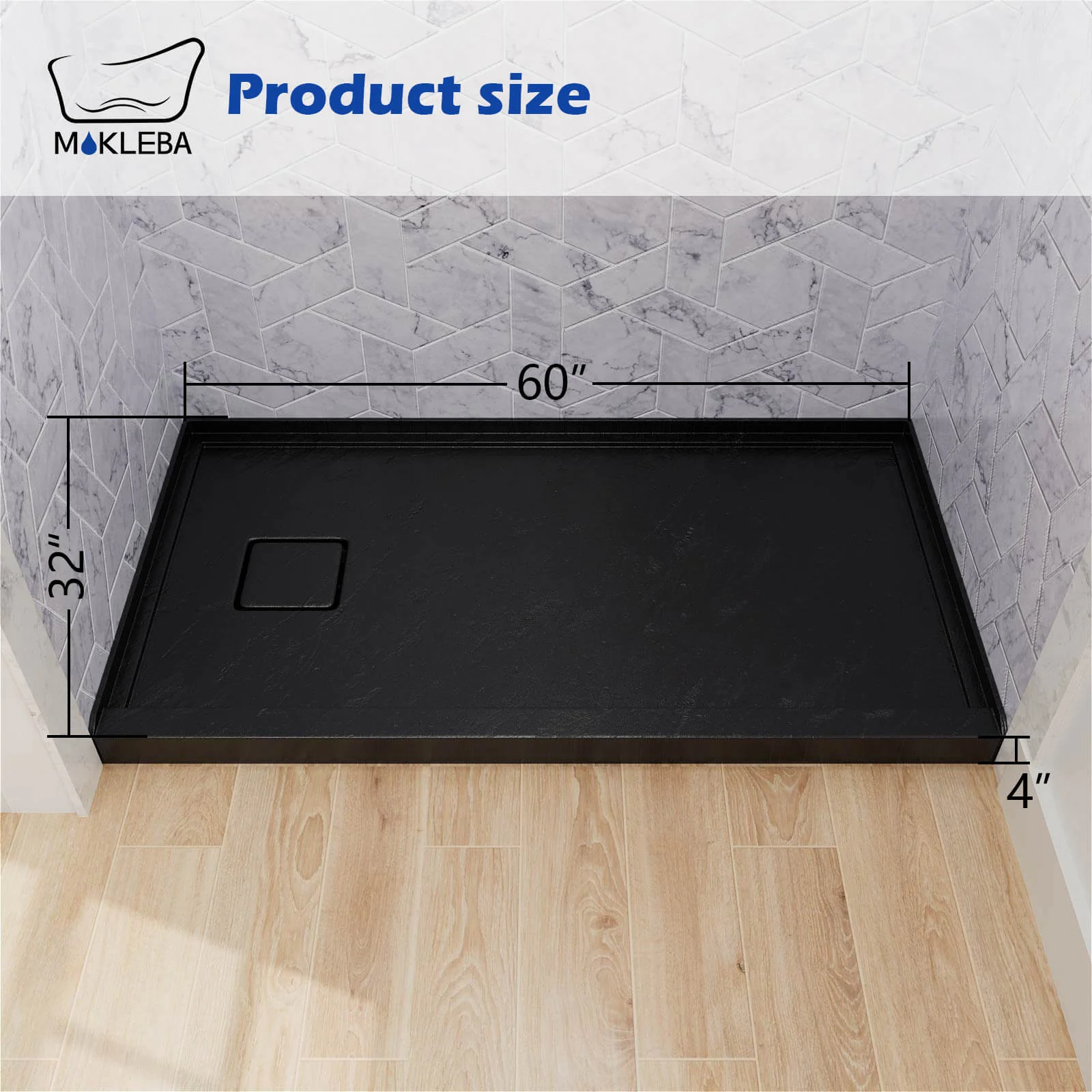 Mokleba 60" x 32" One-Piece Black Shower Pan with Left Drain - Image 10