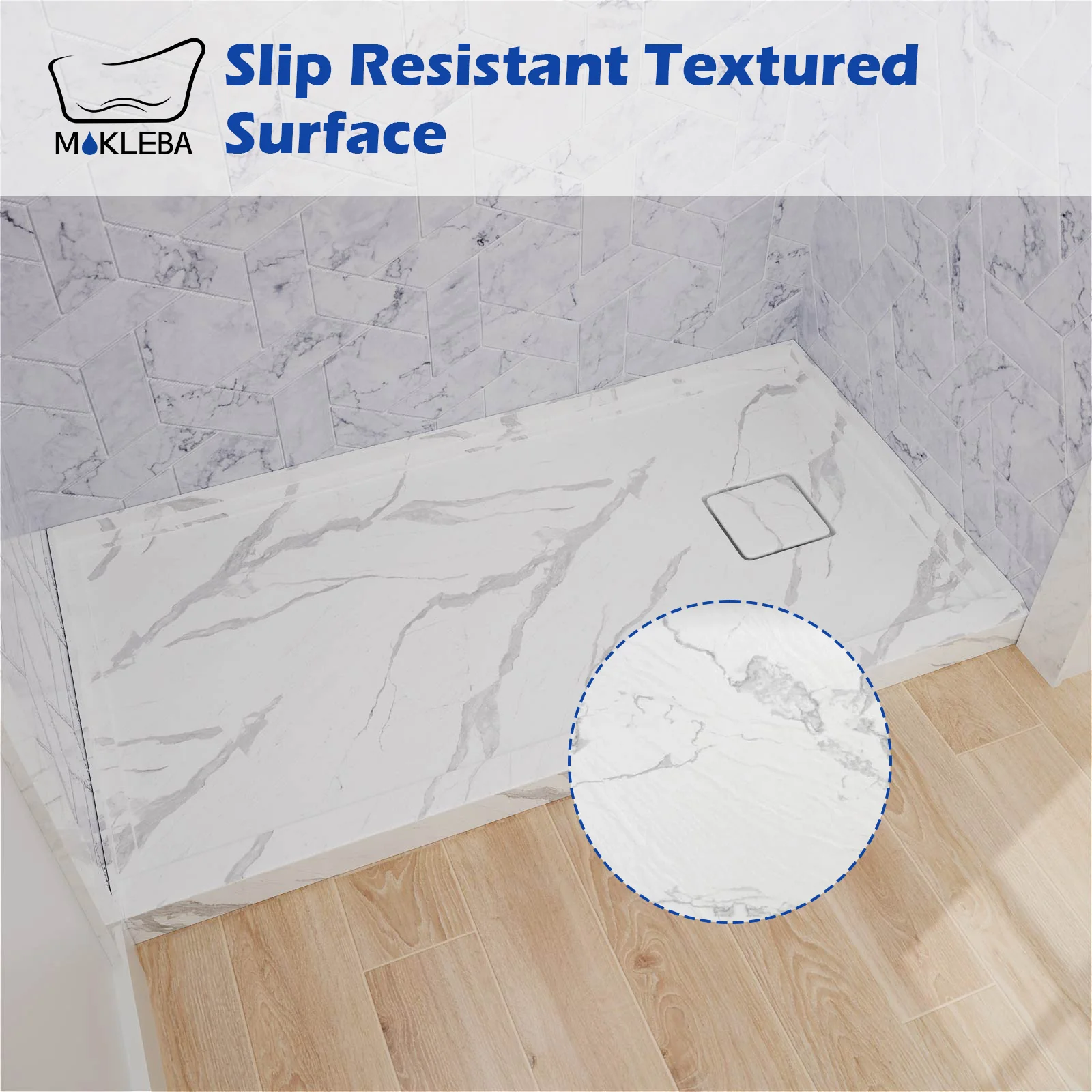 Mokleba 60" x 32" One-Piece Marble-Pattern Shower Pan with Right Drain - Image 5