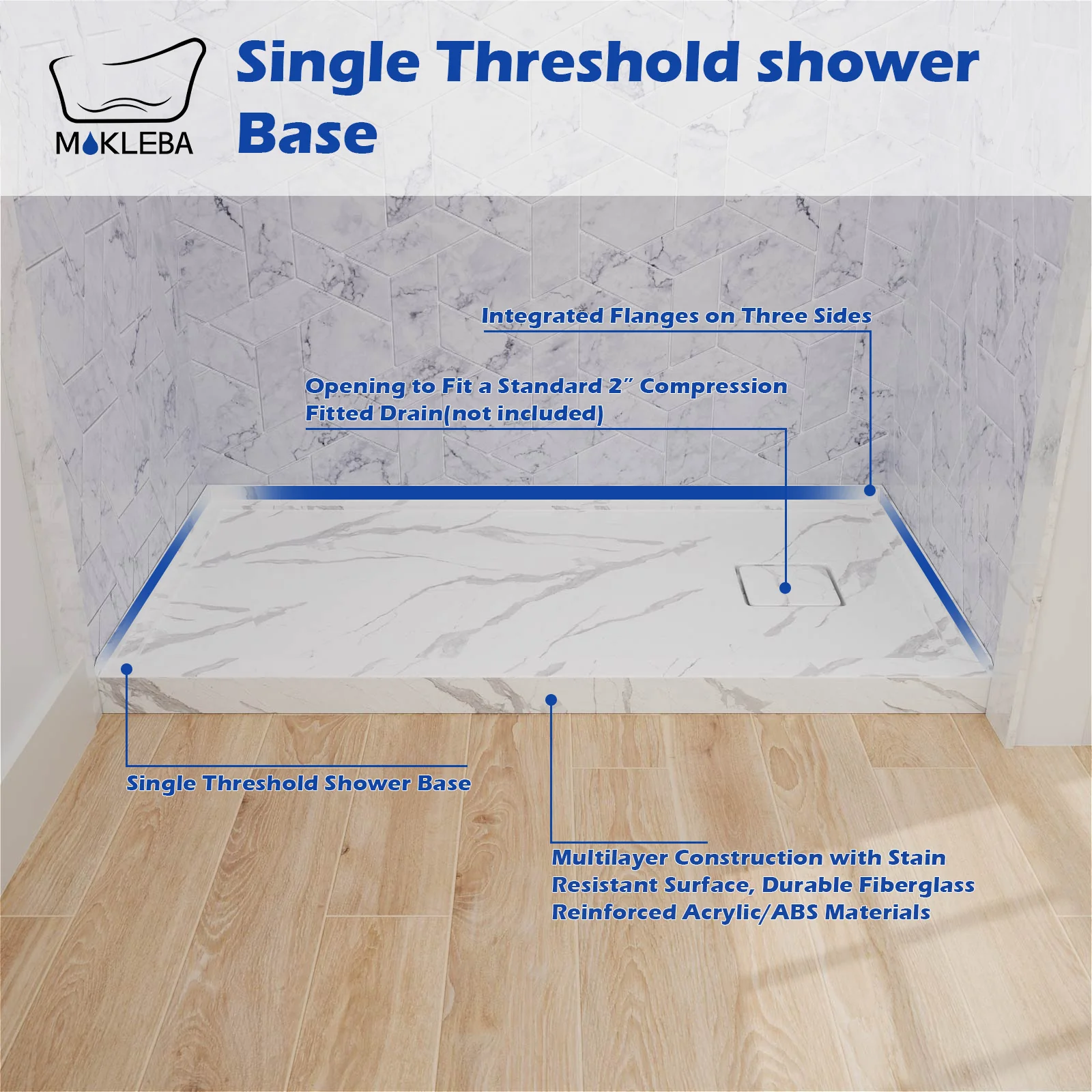 Mokleba 60" x 32" One-Piece Marble-Pattern Shower Pan with Right Drain - Image 6