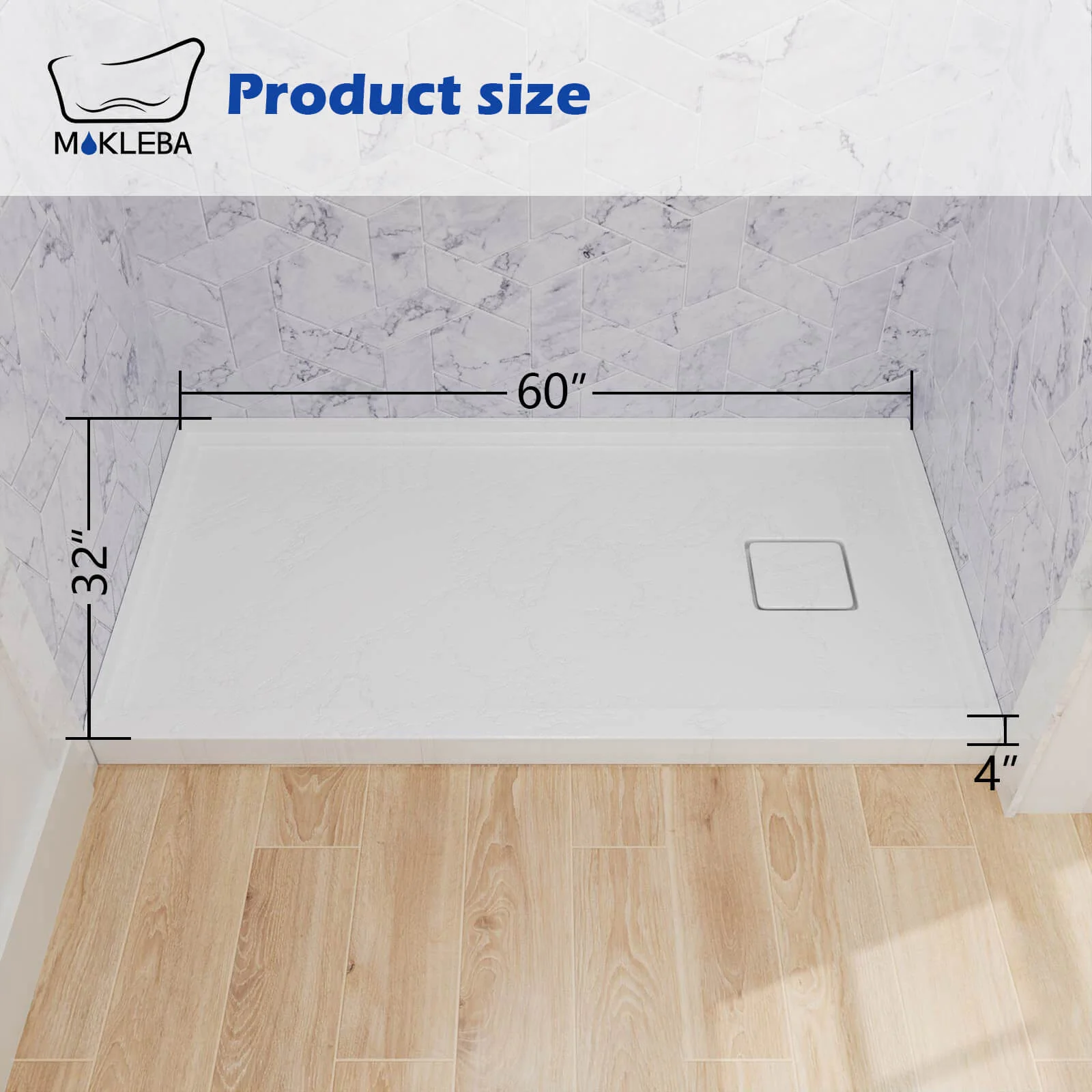 Mokleba 60" x 32" One-Piece White Shower Pan with Right Drain - Image 10