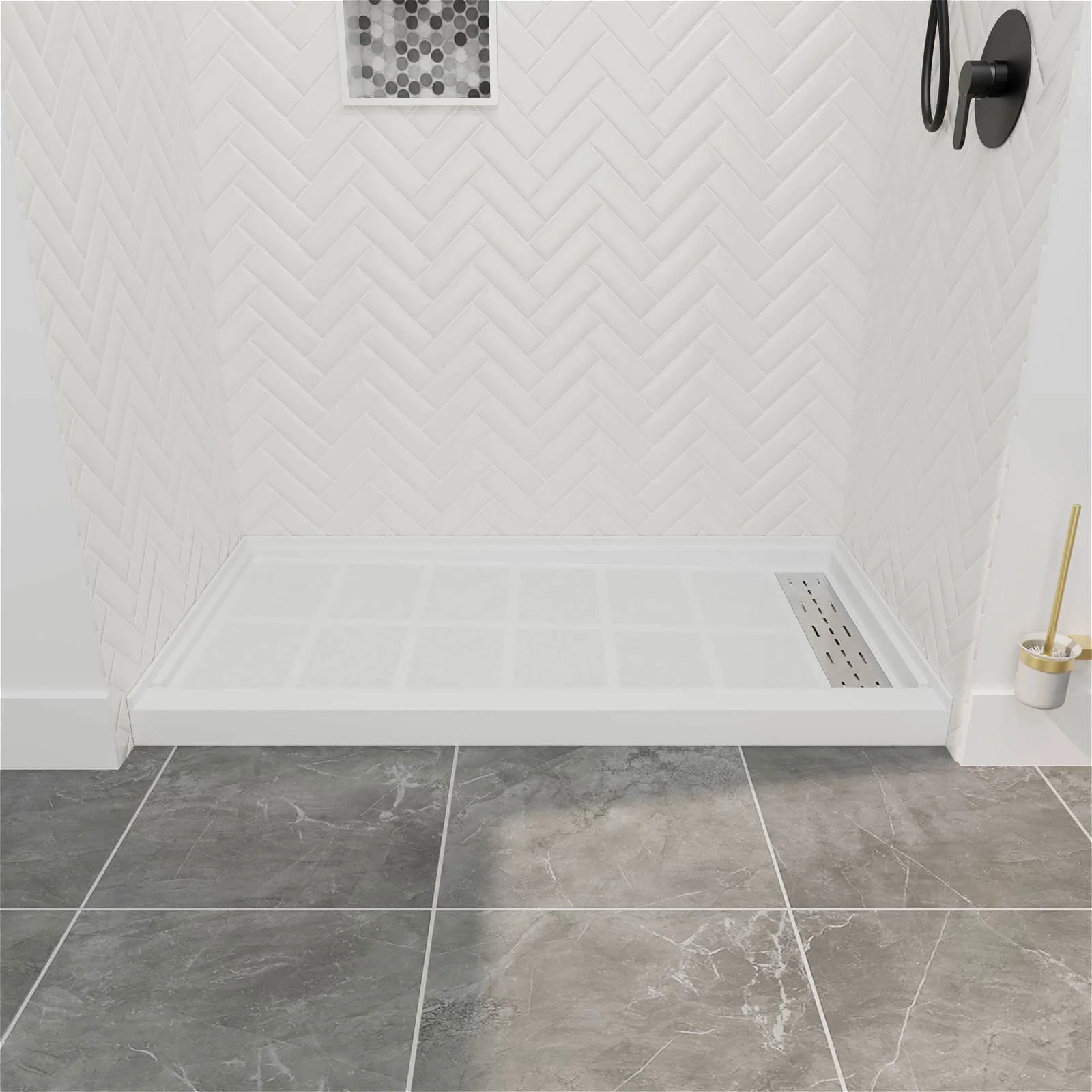 60" x 34" White Right-Drain Solid Surface Shower Base - Image 3