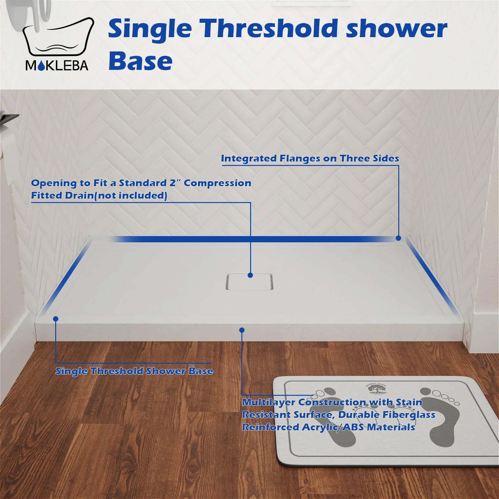 Mokleba 60" x 36" Alcove Acrylic Single-Threshold Shower Base - Image 5