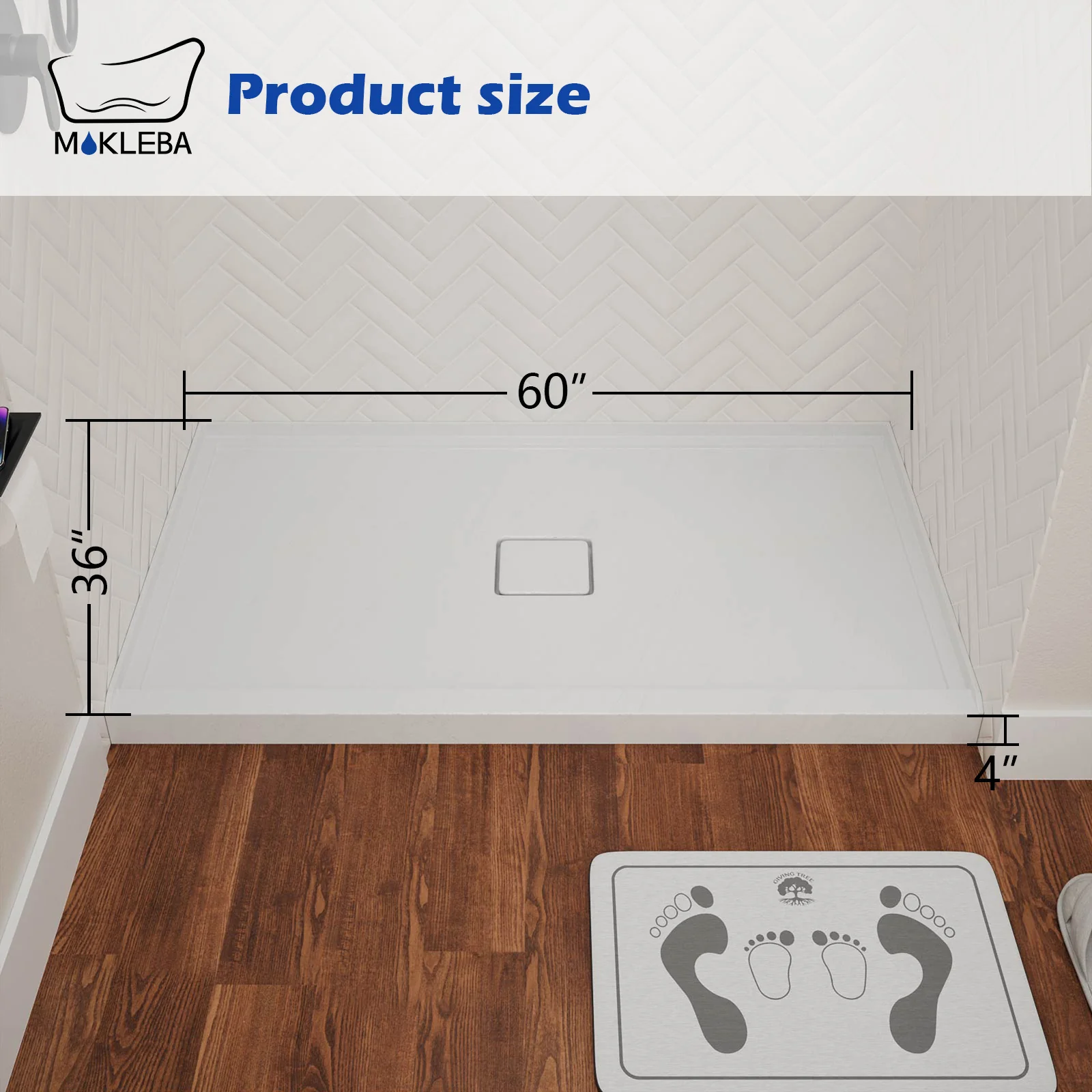Mokleba 60" x 36" Alcove Acrylic Single-Threshold Shower Base - Image 9
