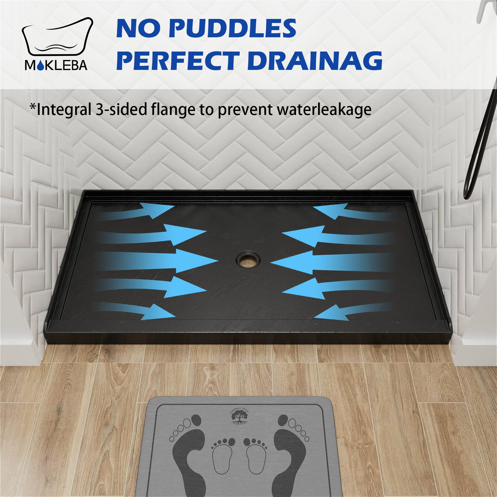 Mokleba 60" x 36" Black Single-Threshold Shower Base with Slip-Resistant Texture - Image 6