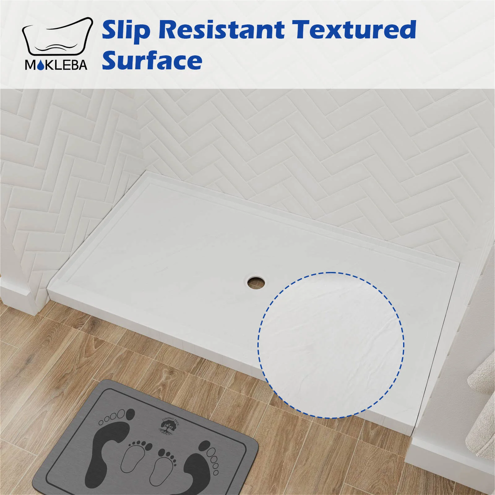 Mokleba 60" x 36" White Single-Threshold Shower Base with Slip-Resistant Texture - Image 7