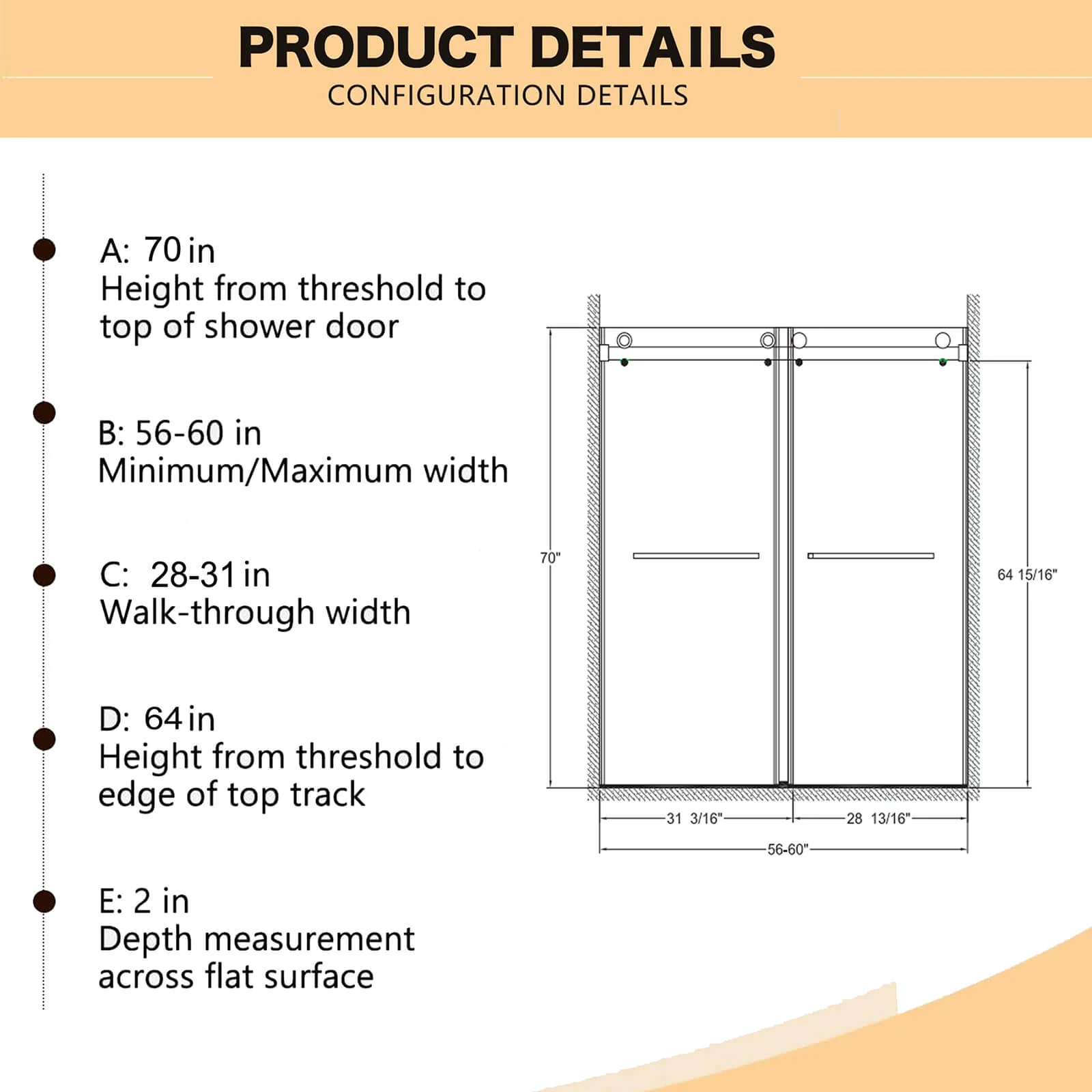 56"-60" x 70" Brushed Nickel Shower Door with Laminated Tempered Safety Glass - Image 13