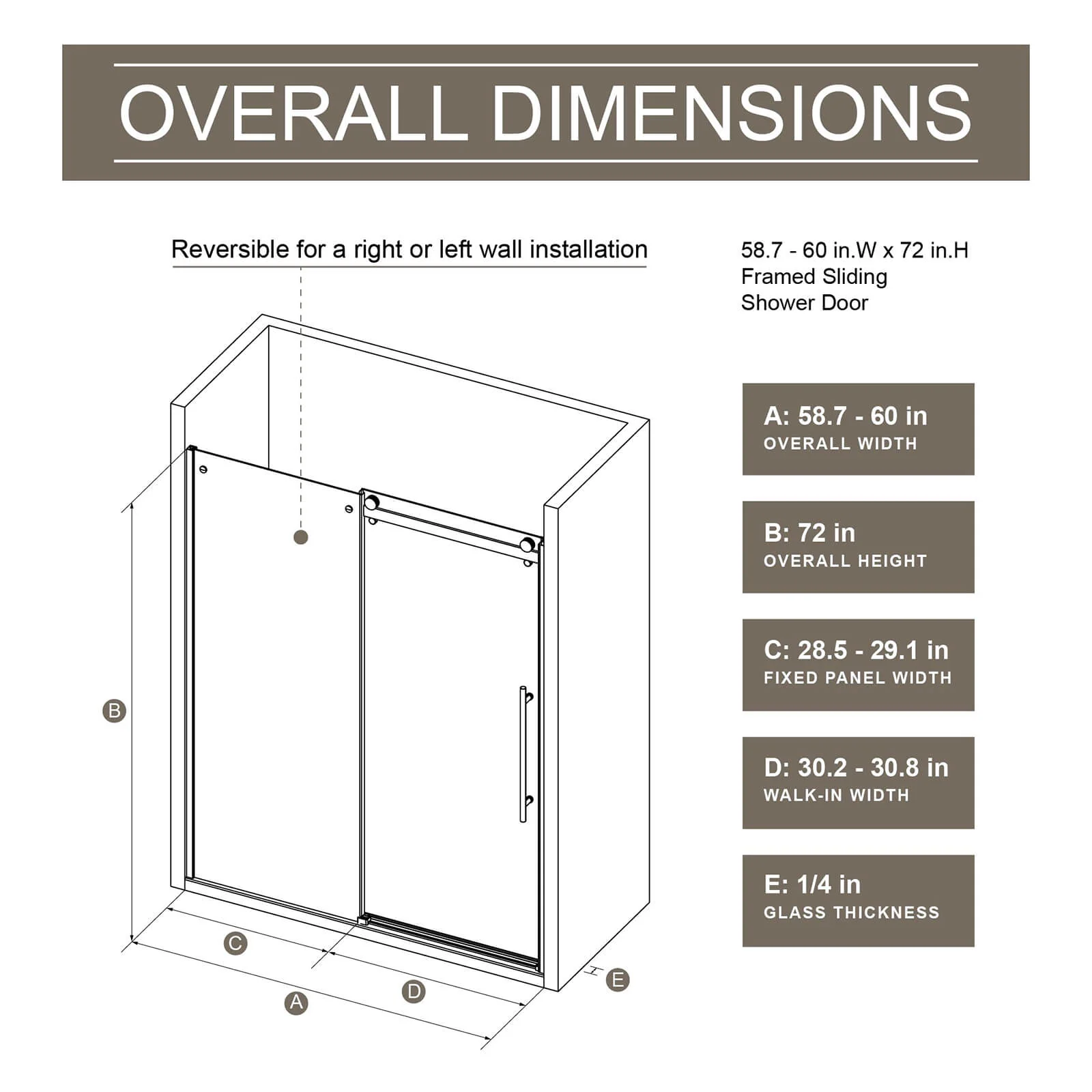 58.5"-60" x 72" Aluminum Track Sliding Semi-Frameless Shower Door - Image 7