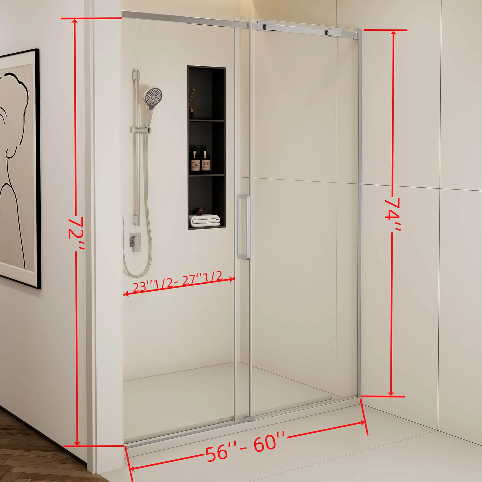 56"-60" x 74" Brushed Nickel Single Sliding Glass Shower Door - Image 6