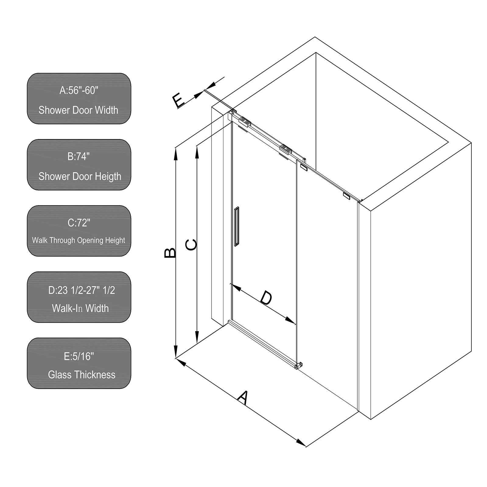 56"-60" x 74" Chrome Single Sliding Glass Shower Door - Image 7