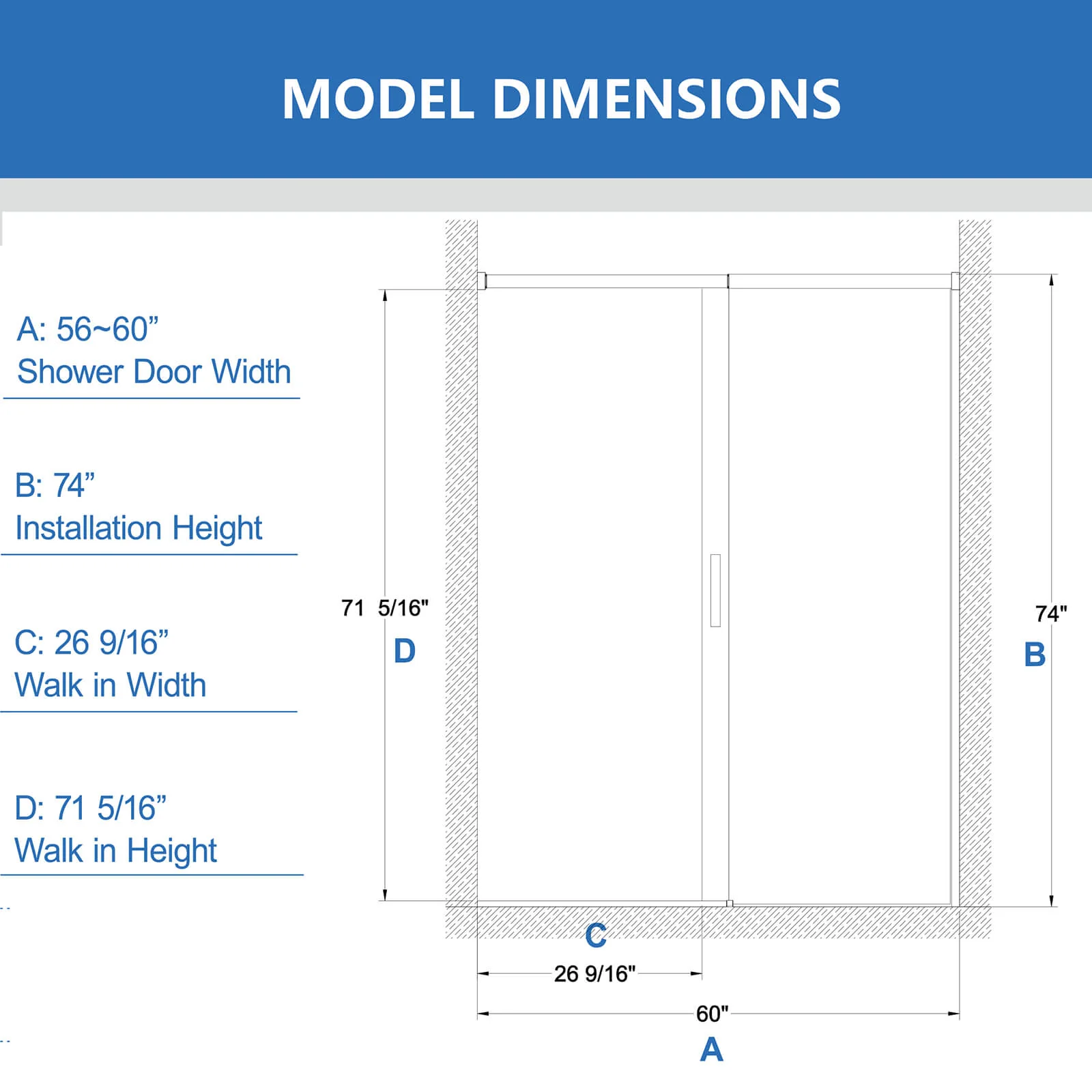 56"-60" x 74" Sliding Shower Door with 4" Adjustable No-Cut Telescopic Top Rail - Image 10