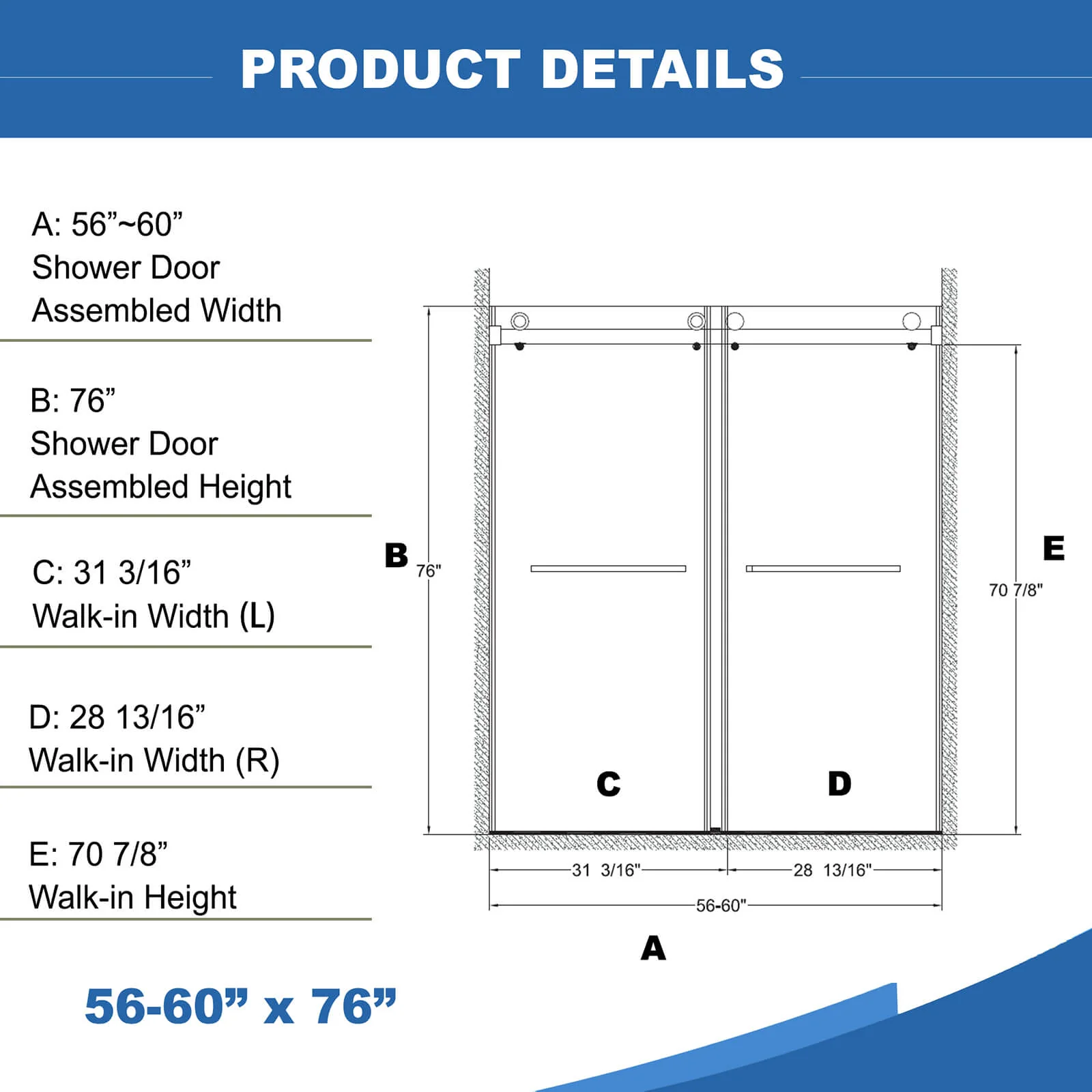 56"-60" x 76" Brushed Nickel Bypass Shower Door with 10mm Tempered Glass - Image 12